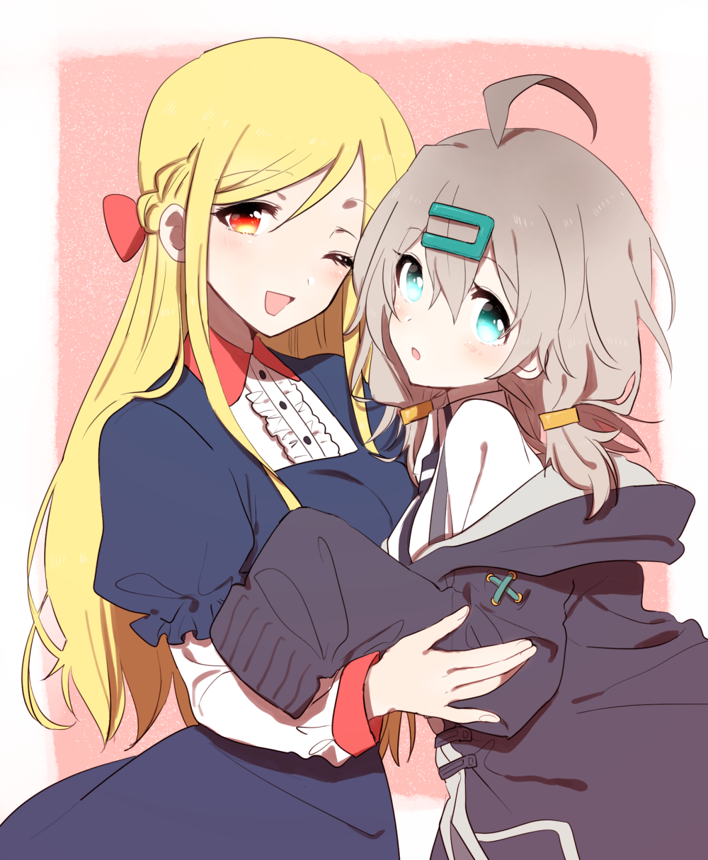 eurasia (wtp09ptw14), original, commentary request, highres, 2girls, :o, ahoge, black jacket, blonde hair, blue dress, blue eyes, border, double-parted bangs, dress, grey hair, hair between eyes, hair ornament, hood, hood down, hooded jacket, jacket, long hair, long sleeves, looking at viewer, multiple girls, one eye closed, open mouth, outside border, pink background, red eyes, sleeves past fingers, sleeves past wrists, smile, white border
