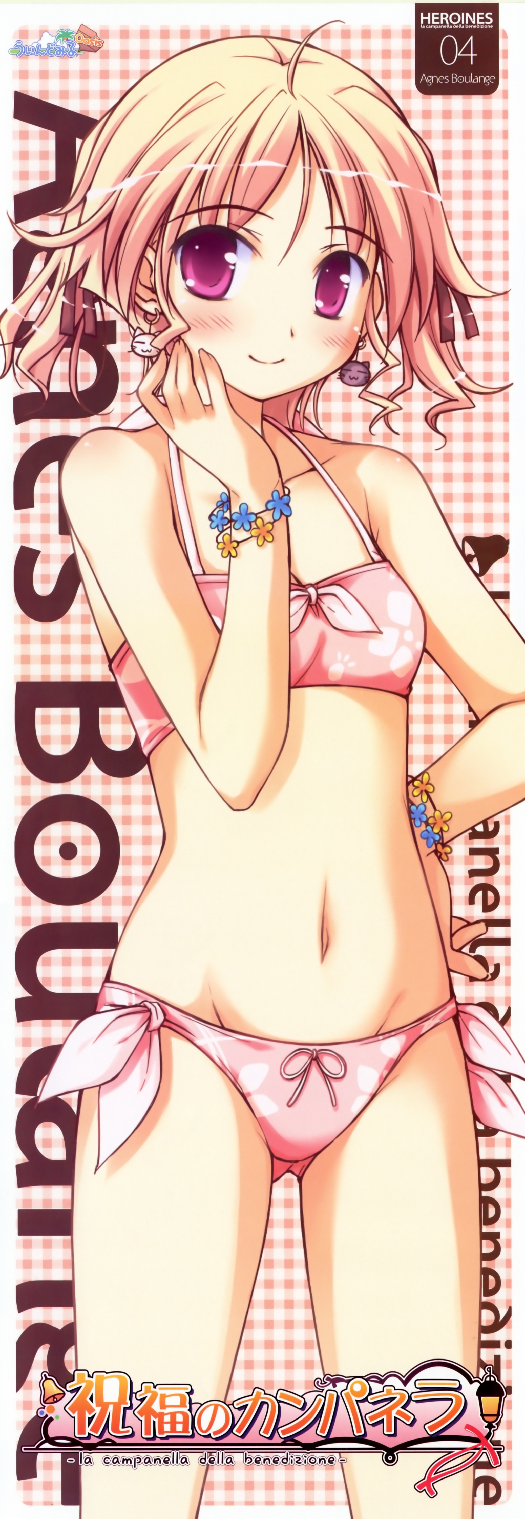 ko~cha, agnes boulange, shukufuku no campanella, windmill (company), absurdres, highres, long image, tall image, ahoge, bikini, blonde hair, blush, earrings, jewelry, midriff, navel, pink bikini, red eyes, short hair, side-tie bikini bottom, solo, standing, stick poster, swimsuit