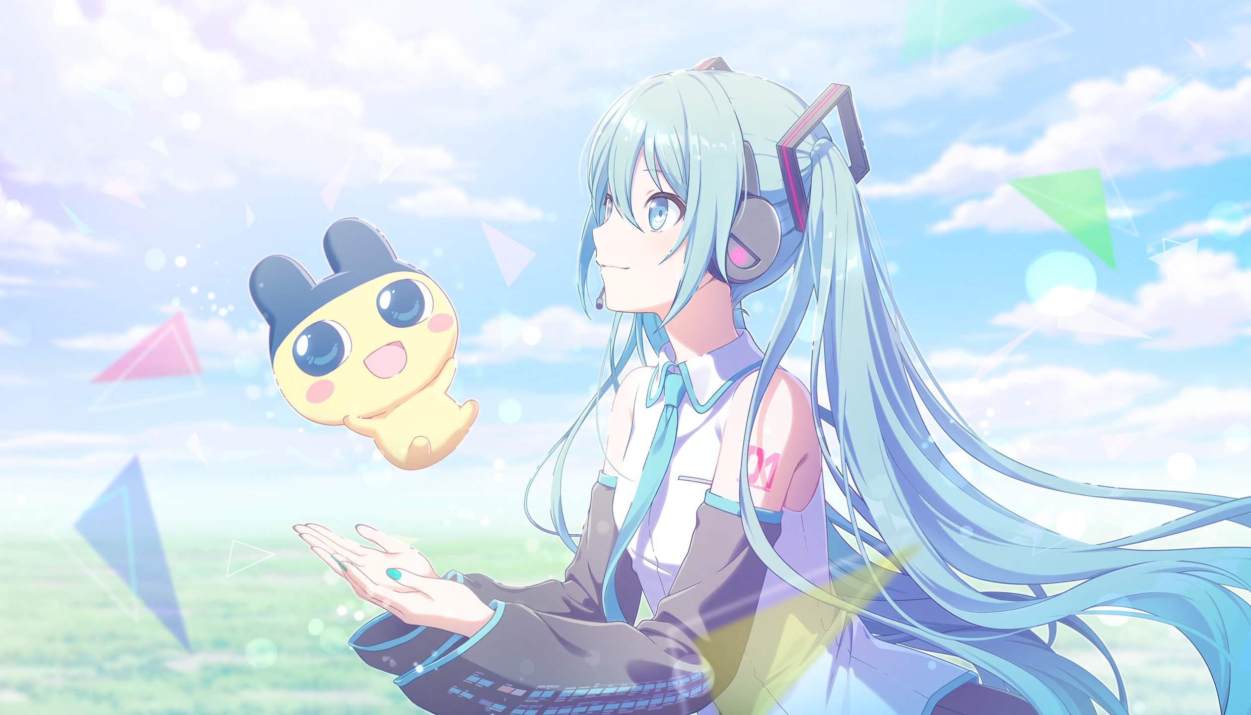 colorful palette, hatsune miku, mametchi, project sekai, tamagotchi, vocaloid, game cg, highres, official art, third-party source, 1girl, :d, aqua eyes, aqua nails, aqua necktie, arm tattoo, black skirt, black sleeves, blue sky, blush, closed mouth, cloud, collared shirt, detached sleeves, fingernails, hair between eyes, headset, long hair, long sleeves, looking to the side, necktie, number tattoo, open mouth, shirt, skirt, sky, smile, tamagotchi (creature), tattoo, twintails, very long hair, white shirt