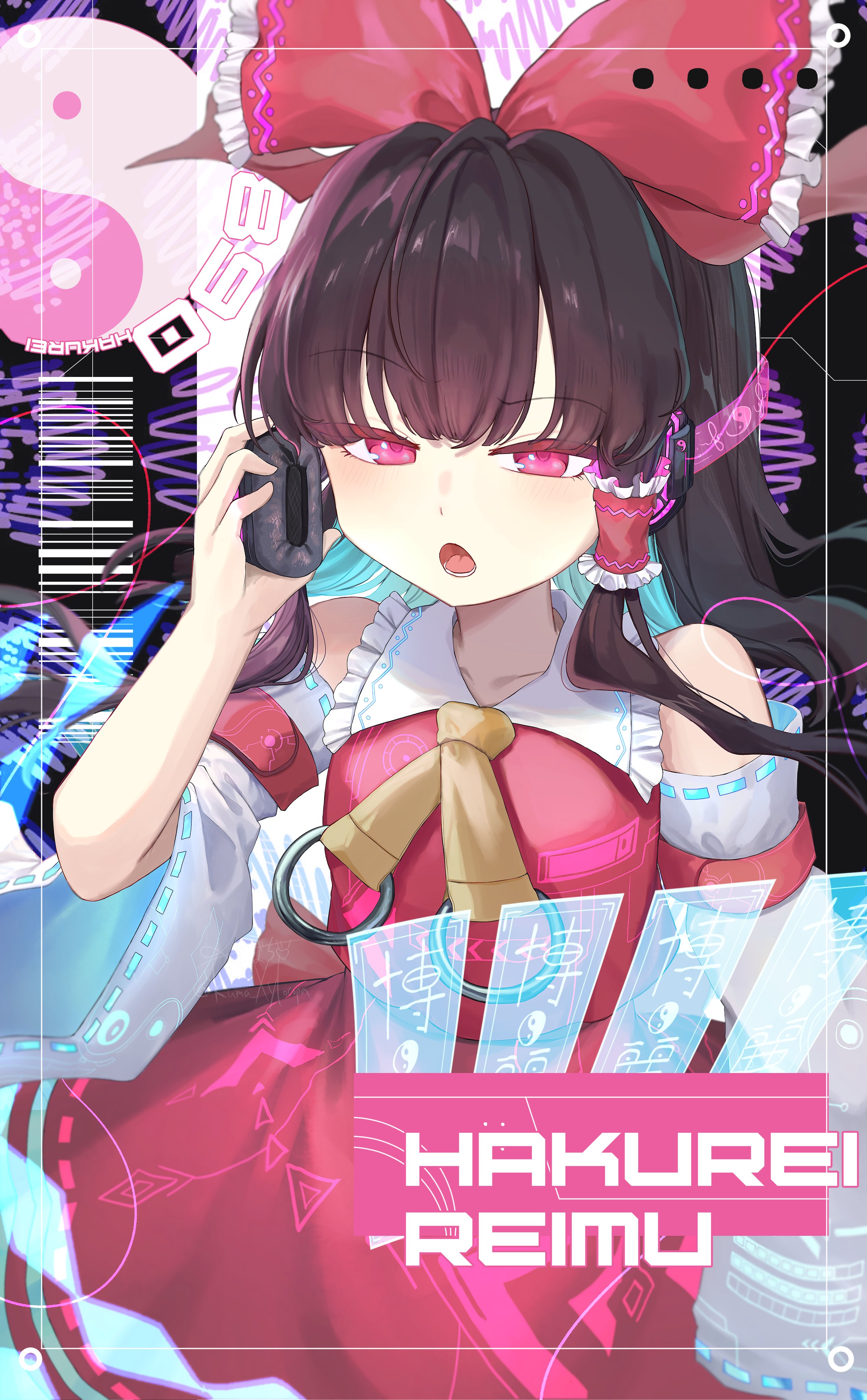 kuma xylocopa, hakurei reimu, touhou, absurdres, commentary, highres, 1girl, barcode, bow, brown hair, character name, detached sleeves, frilled bow, frilled hair tubes, frills, hair bow, hair tubes, headphones, long hair, ofuda, open mouth, orb, pink eyes, red bow, red skirt, skirt, skirt set, solo, yin yang, yin yang orb