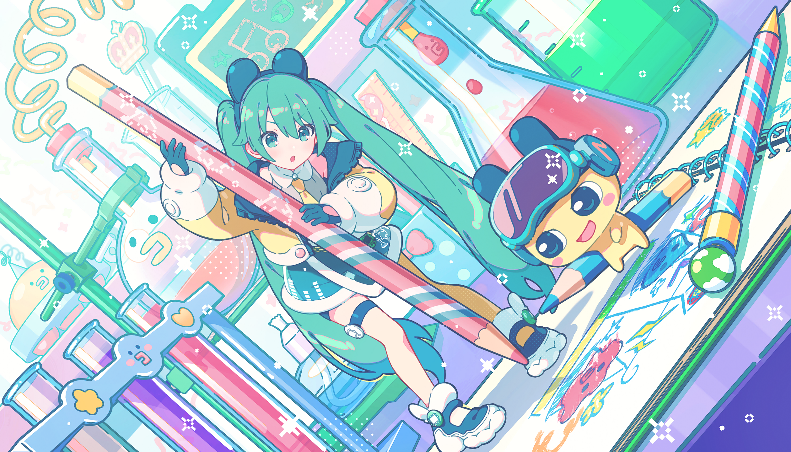 colorful palette, hatsune miku, mametchi, project sekai, tamagotchi, vocaloid, game cg, highres, official art, third-party source, 1girl, :d, aqua eyes, aqua hair, beaker, black gloves, black shoes, blue skirt, blush, collared shirt, colored pencil, crown, drawing (object), dutch angle, full body, gloves, grey shirt, hair behind ear, holding, holding pencil, jacket, long hair, musical note, necktie, official alternate costume, open clothes, open jacket, open mouth, pencil, shirt, shoes, skirt, smile, standing, tamagotchi (creature), thigh strap, tongue, twintails, v-shaped eyebrows, very long hair, vial, yellow jacket, yellow necktie