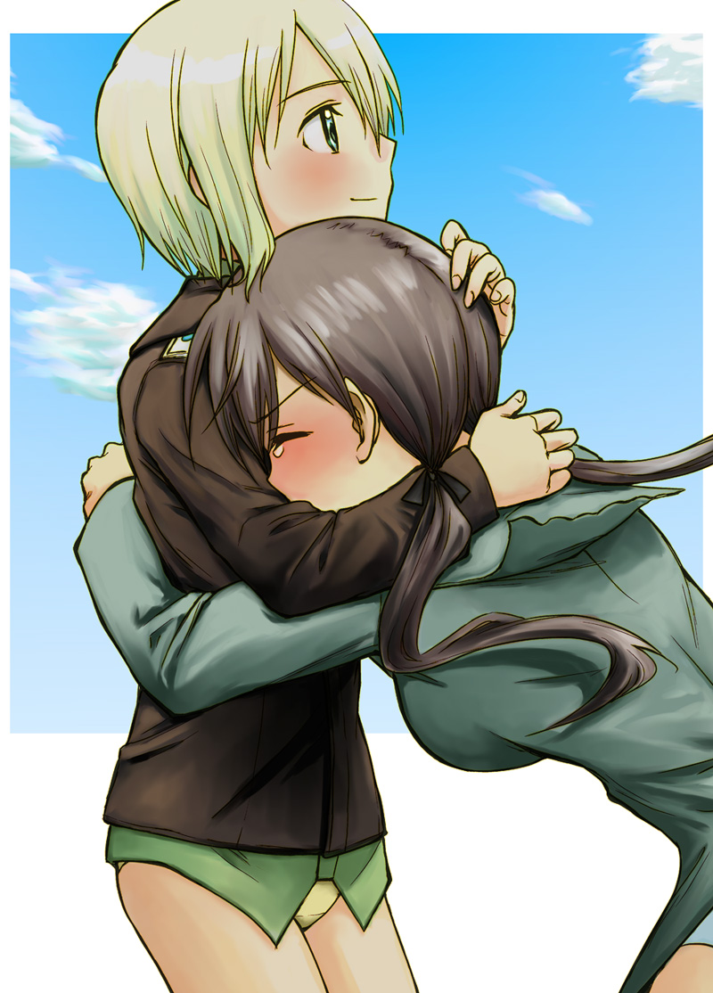 niina ryou, erica hartmann, gertrud barkhorn, strike witches, world witches series, bad id, bad pixiv id, 00s, 2girls, hug, multiple girls, panties, short hair, twintails, underwear
