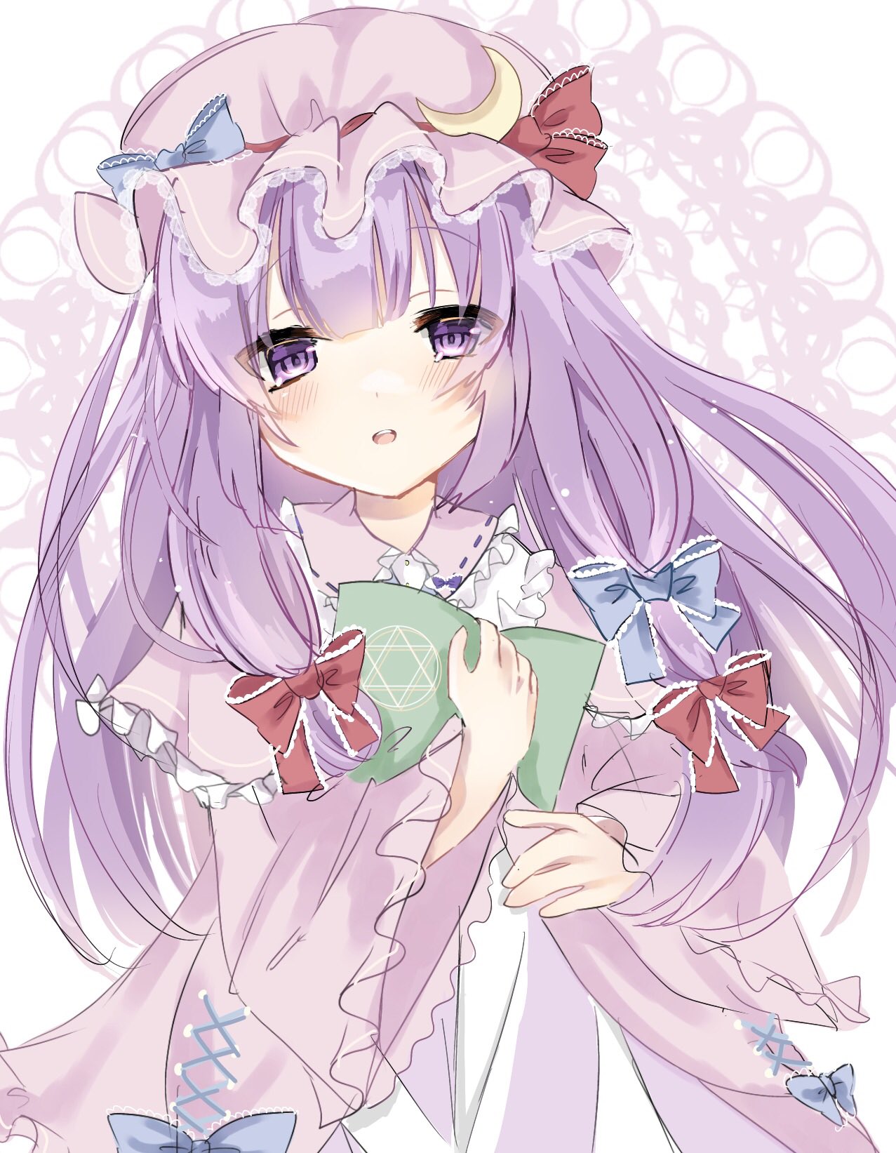 pino m08, patchouli knowledge, touhou, commentary request, highres, 1girl, blue bow, blush, book, bow, crescent, crescent hat ornament, dress, grimoire, hair bow, hat, hat ornament, holding, holding book, long hair, long sleeves, looking at viewer, mob cap, open mouth, pink dress, pink hat, purple eyes, purple hair, red bow, solo, very long hair, wide sleeves