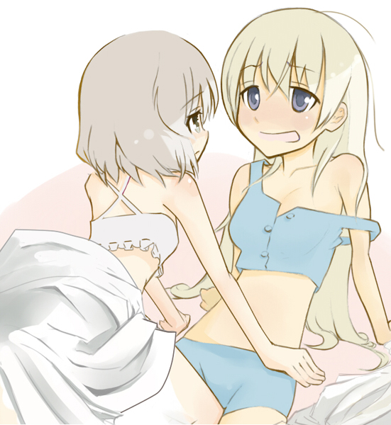 korino, eila ilmatar juutilainen, sanya v. litvyak, strike witches, world witches series, 00s, 2girls, bare shoulders, bed sheet, couple, midriff, multiple girls, strap slip, yuri
