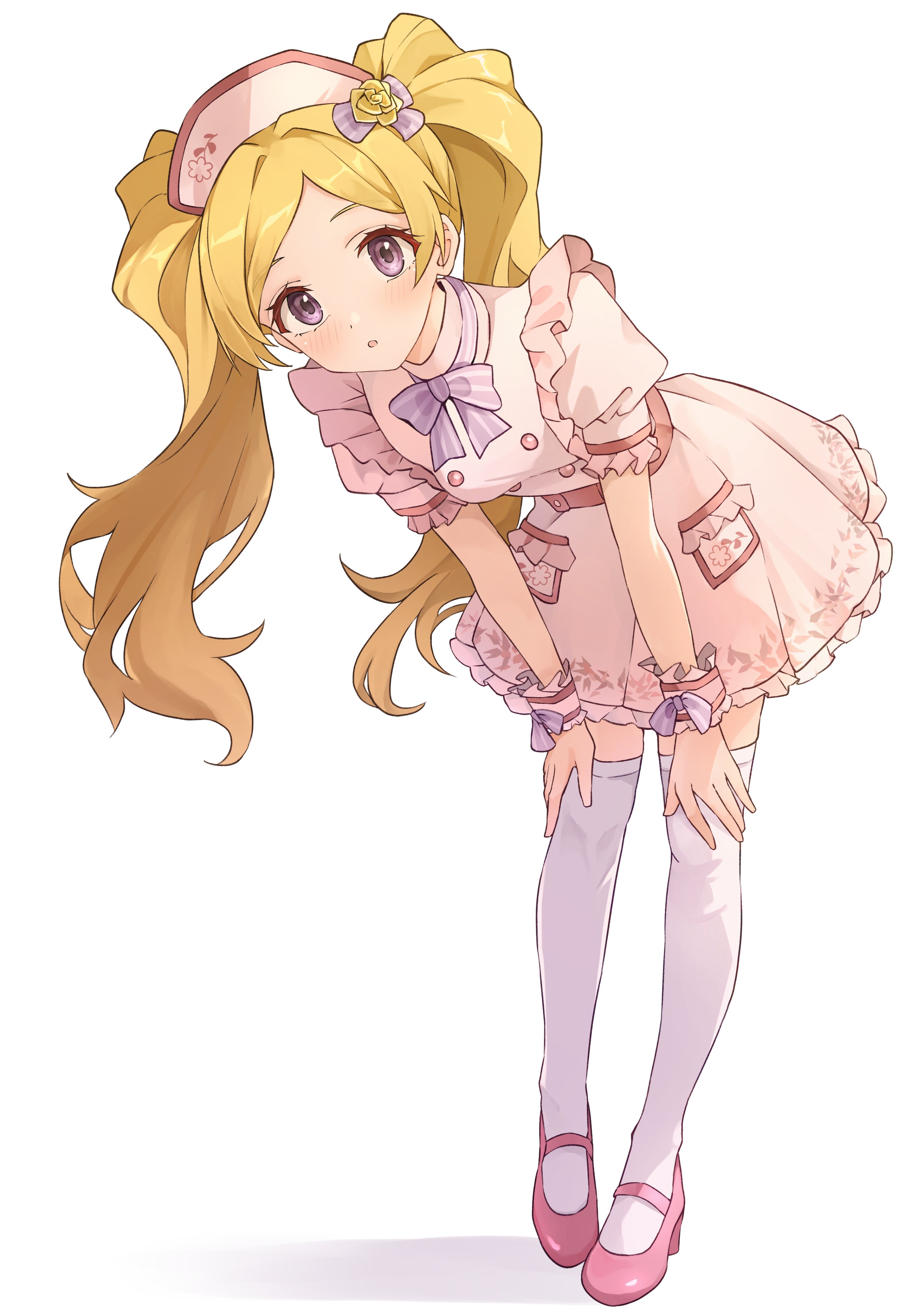 b1ack illust, emily stewart, idolmaster, idolmaster million live!, idolmaster million live! theater days, fluffy hair, absurdres, highres, 1girl, :o, blonde hair, blue bow, blue bowtie, blush, bow, bowtie, curtained hair, dot nose, dress, eyelashes, floral print, flower, frilled dress, frilled sleeves, frilled wrist cuffs, frills, hair bow, hair flower, hair ornament, hat, leaning forward, light blush, long hair, looking at viewer, mary janes, nurse, nurse cap, parted bangs, parted lips, pink shoes, puffy short sleeves, puffy sleeves, purple eyes, shadow, shoes, short sleeves, socks, solo, thighhighs, turtleneck, twintails, very long hair, white background, white dress, white socks, white thighhighs, wrist cuffs