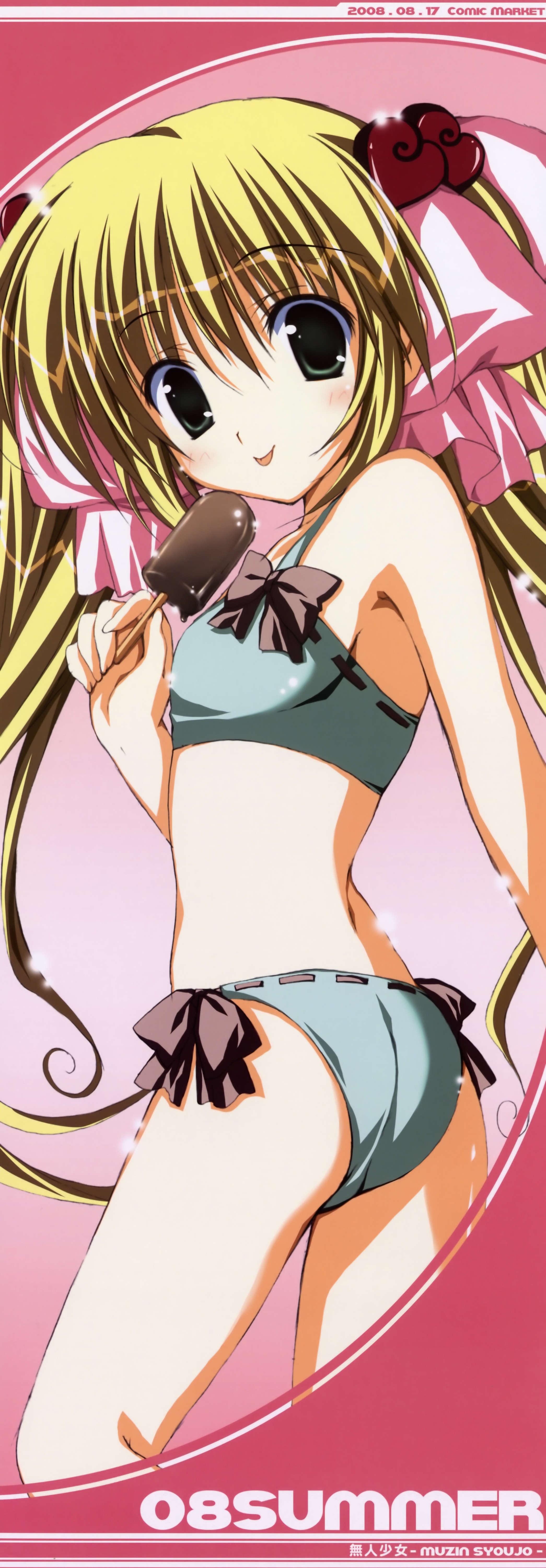 korie riko, aihara tokimi, supreme candy, absurdres, highres, long image, tall image, :p, bikini, blonde hair, blush, flat chest, food, green eyes, hair ornament, hair ribbon, long hair, looking back, midriff, popsicle, ribbon, side-tie bikini bottom, solo, stick poster, swimsuit, tongue, tongue out, twintails