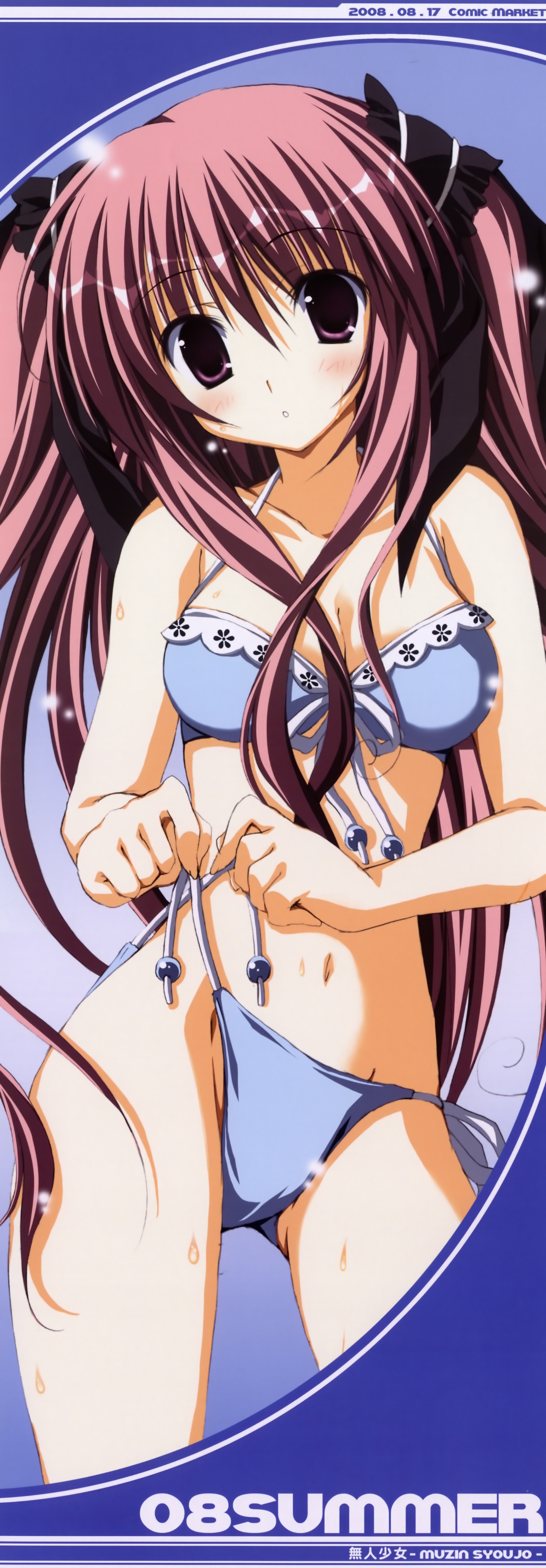 korie riko, amano hanei, supreme candy, untied, absurdres, highres, long image, tall image, 1girl, bikini, blush, breasts, cleavage, hair ribbon, medium breasts, midriff, navel, pink hair, purple eyes, purple hair, ribbon, side-tie bikini bottom, standing, stick poster, swimsuit, wet