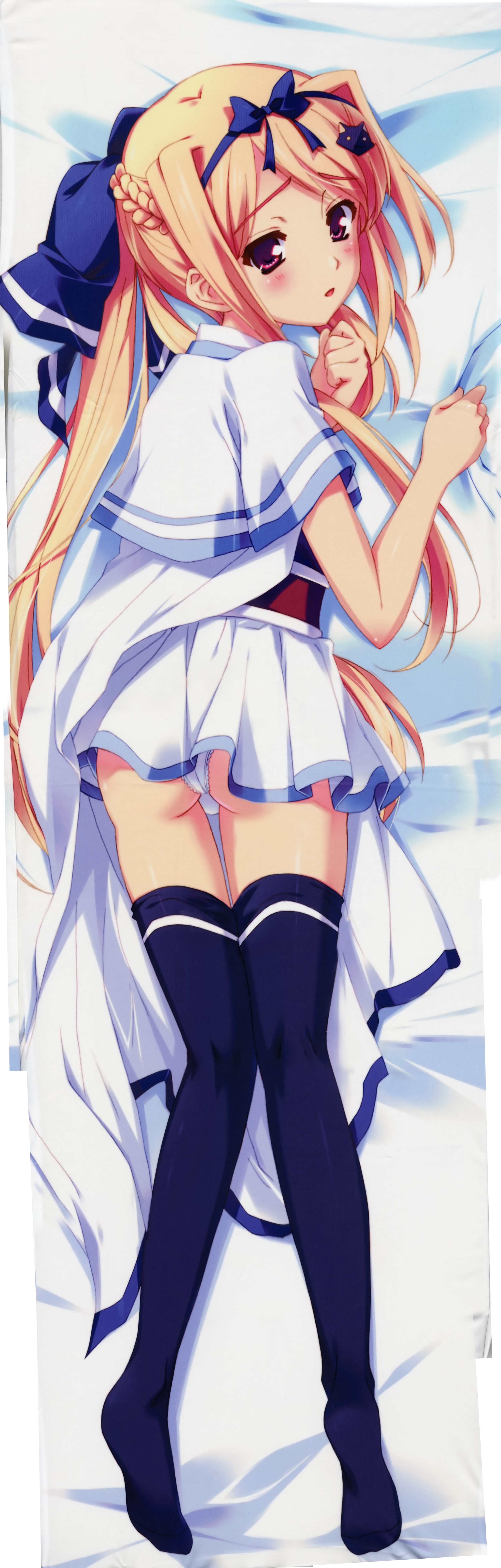 kusukusu, lulli, sakura strasse, absurdres, highres, long image, tall image, 1girl, ass, blonde hair, blush, female focus, hair ornament, hair ribbon, kneepits, long hair, looking back, lying, miniskirt, open mouth, panties, pantyshot, red eyes, ribbon, skirt, solo, stick poster, thighhighs, underwear, white panties