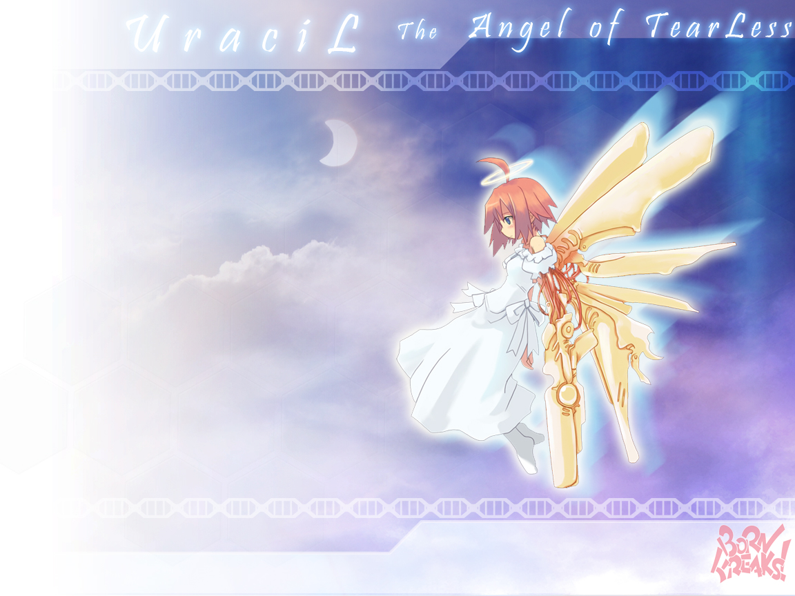 born freaks!, 1girl, ahoge, angel, cloud, cyborg, dress, female focus, flying, green eyes, gun, red hair, socks, solo, weapon, wings