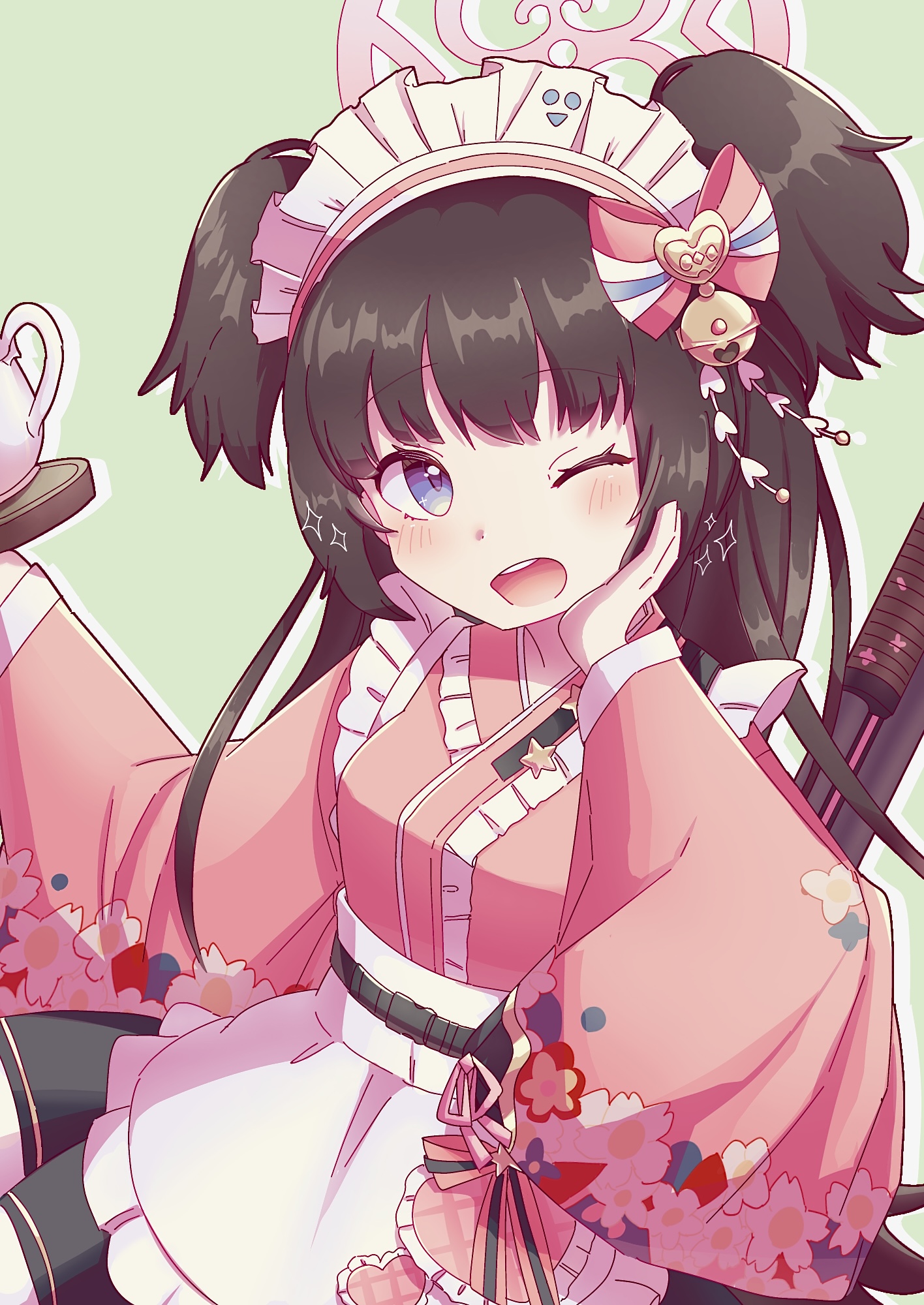 katu chicken, m37 (girls' frontline), shizuko (blue archive), blue archive, commentary request, highres, 1girl, apron, bell, belt, black belt, blush, bow, brooch, brown hair, floral print, floral print kimono, frilled apron, frilled kimono, frills, green background, gun, gun on back, hair bell, hair ornament, halo, hand on own cheek, hand on own face, heart, heart brooch, holding, holding plate, japanese clothes, jewelry, jingle bell, kanzashi, kimono, kimono skirt, long hair, looking at viewer, maid, maid headdress, open mouth, pink bow, pink halo, plate, print kimono, pump action, purple eyes, shide hair ornament, shotgun, silhouette, simple background, smile, solo, sparkle, sparkling aura, teapot, two side up, wa maid, waist apron, weapon, weapon on back, white apron