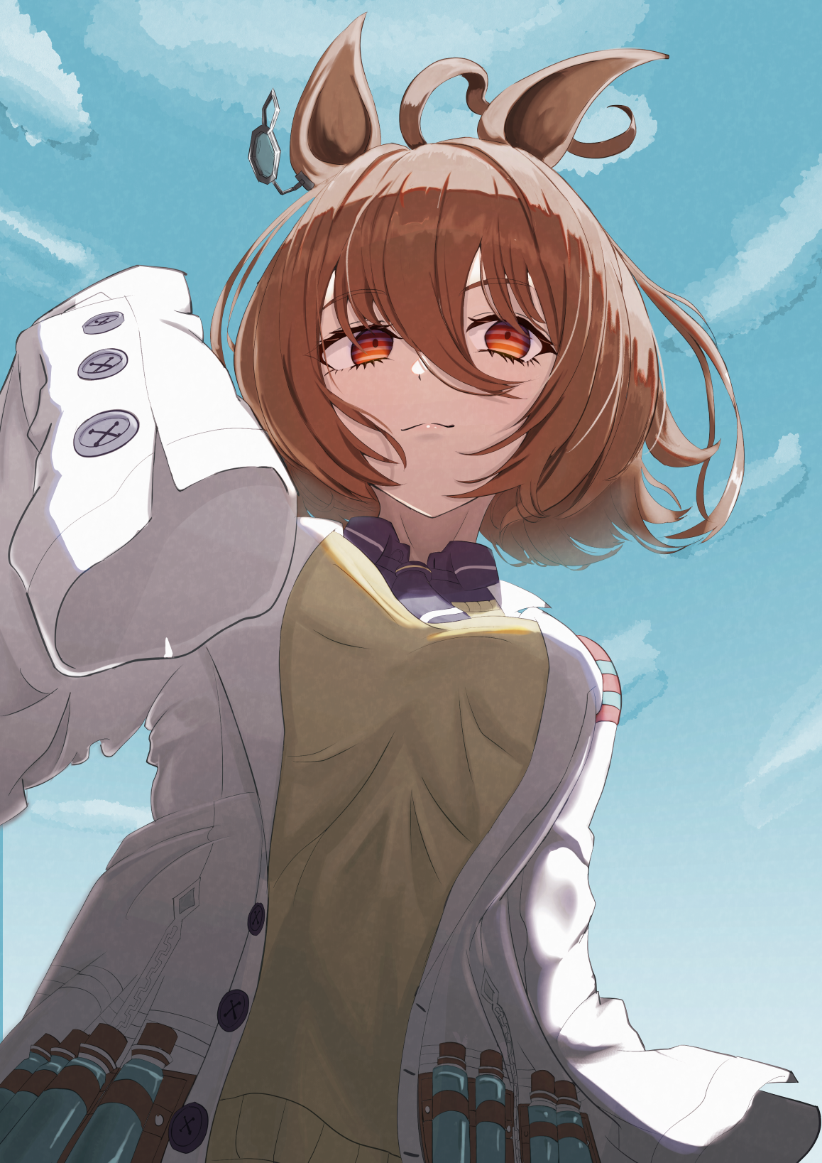 ddoomm1298, agnes tachyon (umamusume), umamusume, highres, 1girl, ahoge, black necktie, black shirt, blue sky, breasts, brown hair, chemical structure, closed mouth, cloud, coat, collared shirt, cork, ear ornament, earrings, hair between eyes, jewelry, lab coat, large breasts, long sleeves, necktie, open clothes, open coat, red eyes, shirt, short hair, short necktie, single earring, sky, sleeves past fingers, sleeves past wrists, smile, solo, split mouth, sweater, test tube, white coat, yellow sweater