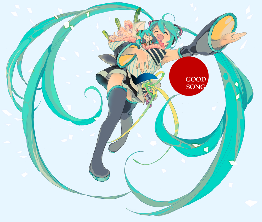 kanke (yonkuma), hachune miku, hatsune miku, vocaloid, bad id, bad pixiv id, blue hair, chibi, flower, long hair, thighhighs, twintails