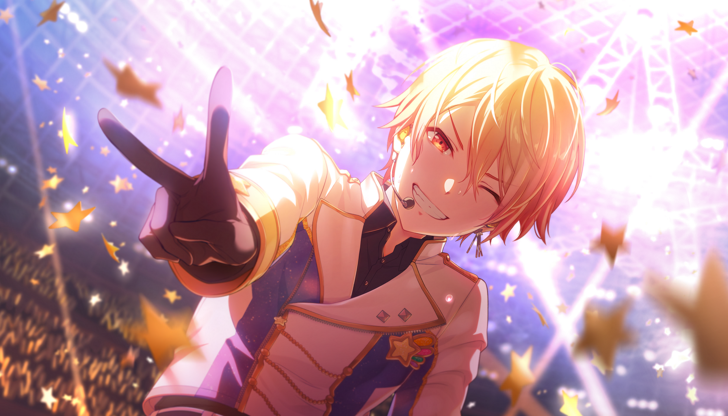 colorful palette, tenma tsukasa, project sekai, game cg, highres, official art, third-party source, 1boy, ;d, black shirt, blonde hair, blurry, crowd, depth of field, glowstick, grin, hair between eyes, headset, jacket, laser, male focus, official alternate costume, one eye closed, open mouth, orange eyes, penlight (glowstick), shirt, smile, solo, star (symbol), teeth, v, white jacket