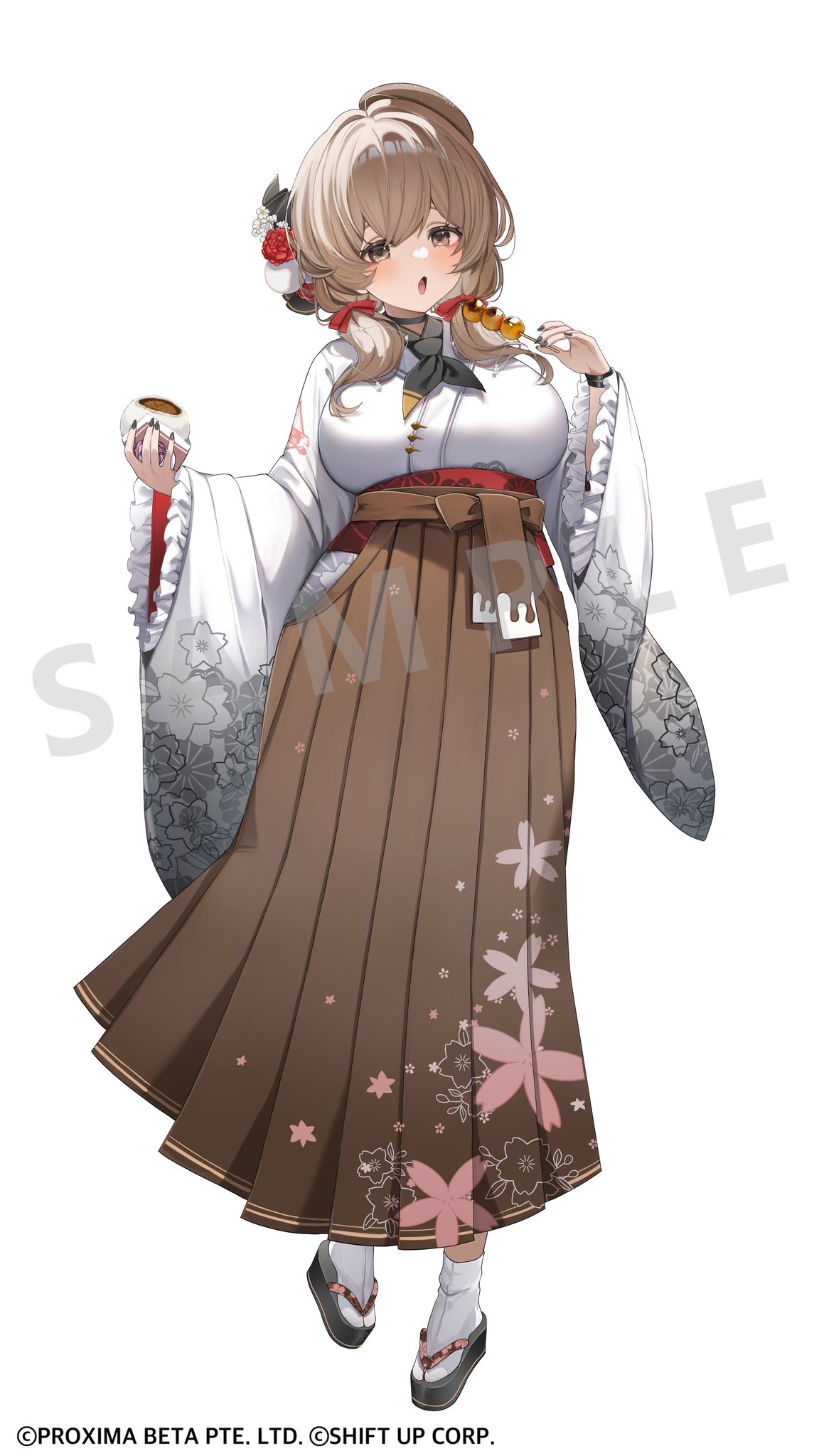 luse maonang, bready (nikke), goddess of victory: nikke, highres, 1girl, black choker, black nails, black ribbon, breasts, brown eyes, brown hair, choker, food, full body, hat, holding, holding food, japanese clothes, kimono, large breasts, looking at viewer, official alternate costume, ribbon, sample watermark, tabi, watermark, white background