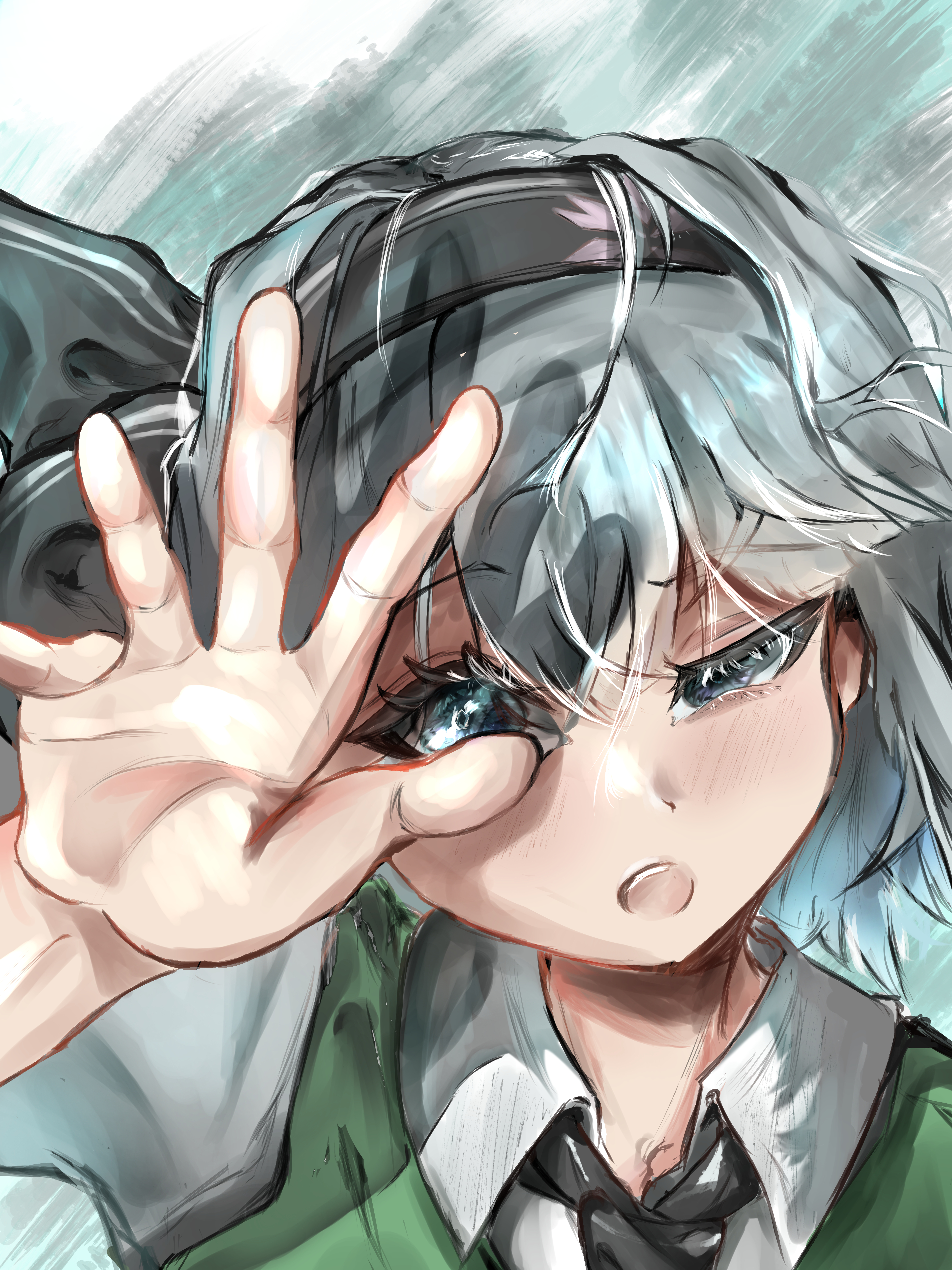 konpaku youmu, touhou, absurdres, highres, photoshop (medium), 1girl, collared shirt, green hairband, green necktie, green ribbon, green vest, grey hair, hair ribbon, hairband, light blush, medium hair, necktie, ribbon, shading eyes, shirt, solo, teeth, upper teeth only, vest, white shirt, yun0277