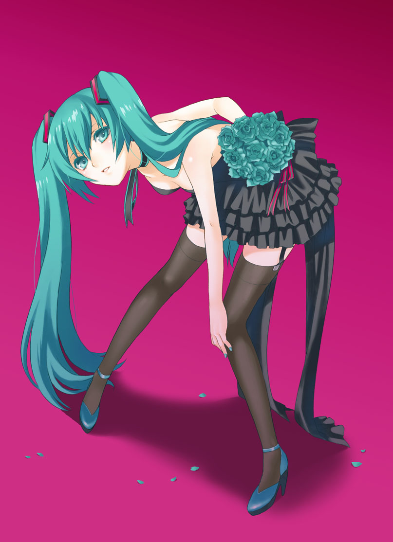 mattaku mousuke, hatsune miku, vocaloid, bad id, bad pixiv id, bent over, choker, flower, garter belt, green eyes, green hair, long hair, skirt, solo, thighhighs, twintails, zettai ryouiki
