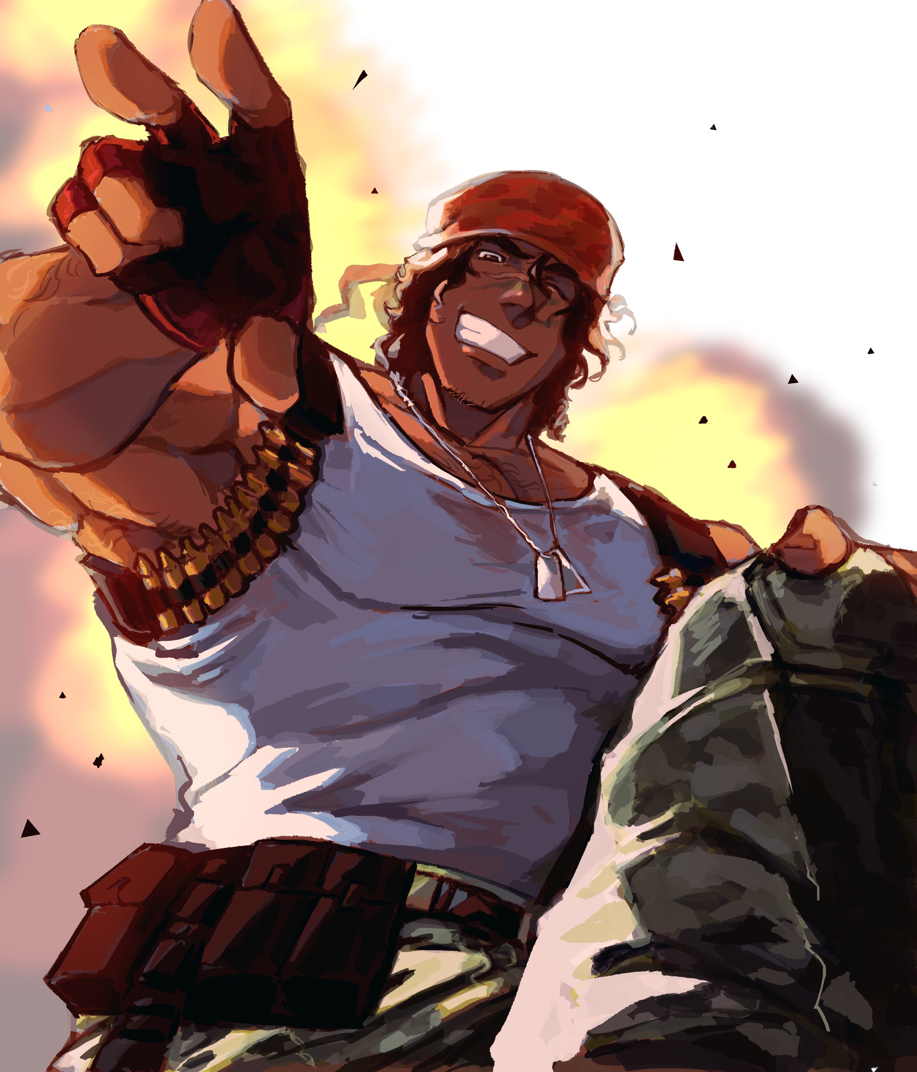 ralf jones, the king of fighters, the king of fighters xv, absurdres, commentary, english commentary, highres, 1boy, bandana, belt, brown eyes, brown hair, bullet, camouflage, camouflage pants, chest hair peek, dark-skinned male, dark skin, dog tags, explosion, facial hair, facial mark, fingerless gloves, from below, gloves, goatee stubble, green pants, grin, hand on own knee, lemon1034, light particles, male focus, muscular, muscular male, one eye closed, pants, red bandana, red gloves, scar, scar on face, scar on nose, smile, solo, stubble, tank top, thick eyebrows, utility belt, v, white tank top