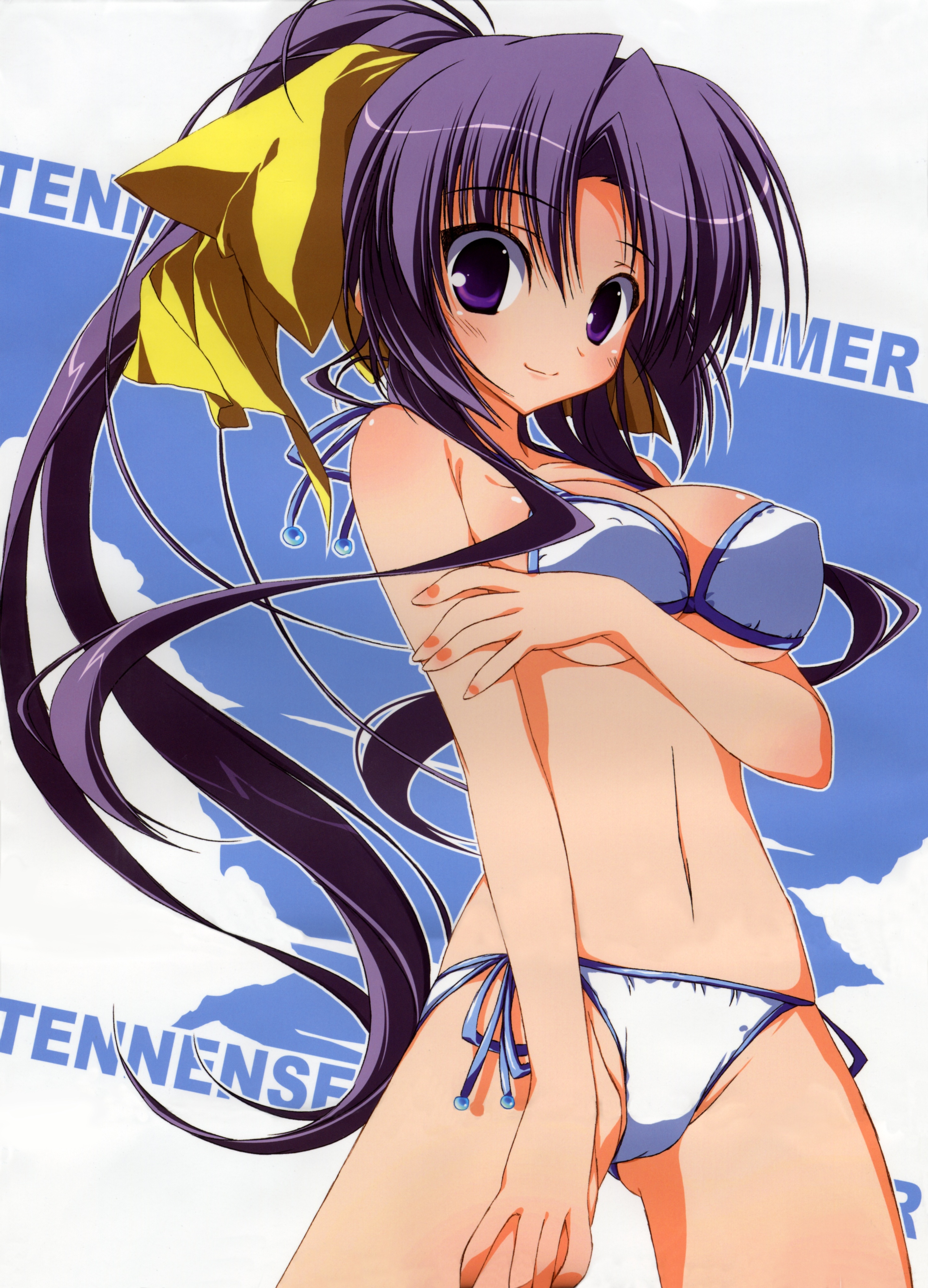 suzuri, suzuri (tennenseki), kurugaya yuiko, little busters!, breast hold, absurdres, highres, 1girl, bikini, blush, breasts, covered erect nipples, female focus, hair ribbon, long hair, navel, ponytail, purple eyes, purple hair, ribbon, side-tie bikini bottom, solo, standing, swimsuit