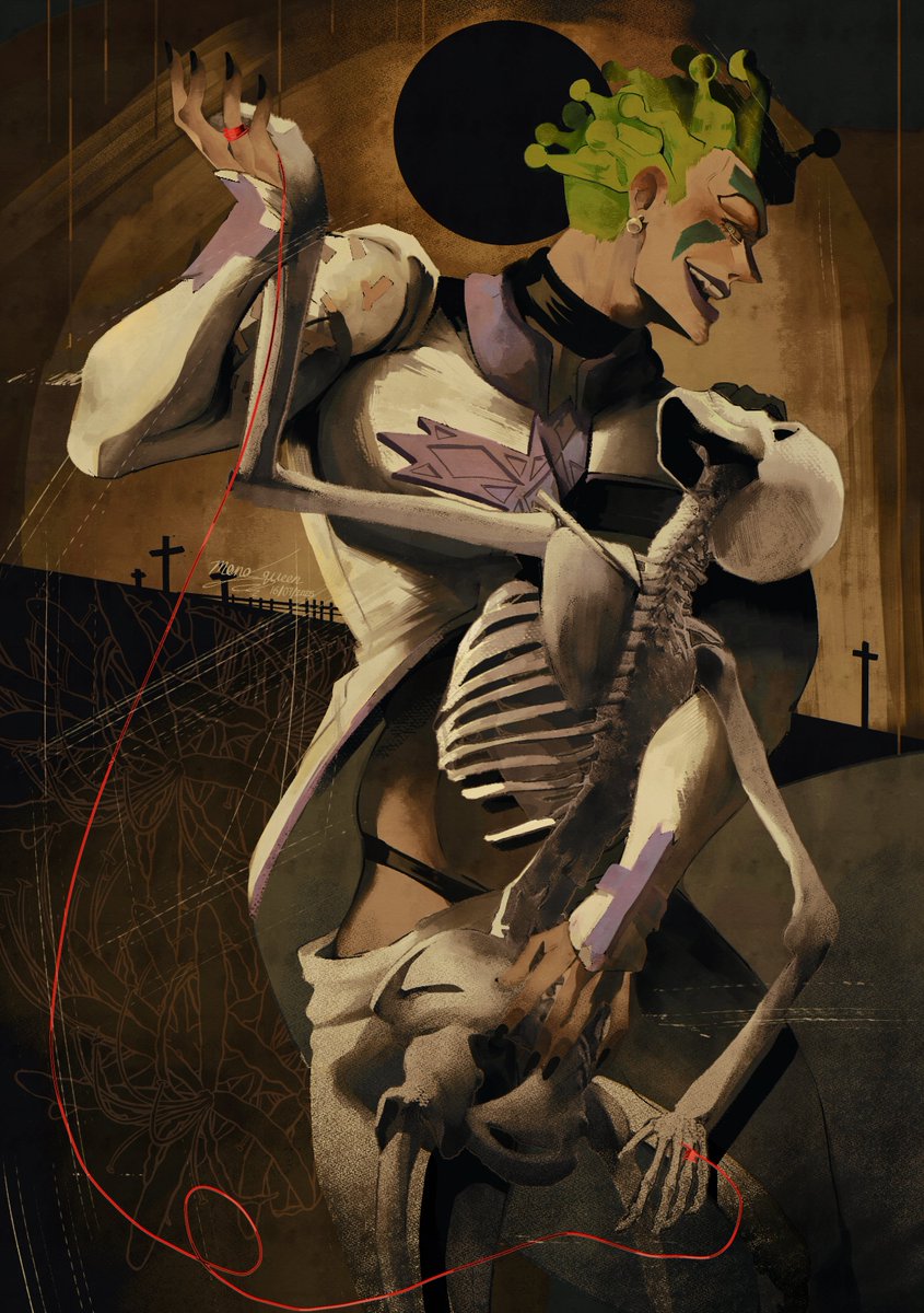 mono queen, cioccolata, jojo no kimyou na bouken, vento aureo, commentary, english commentary, highres, 1boy, black nails, closed eyes, coat, cowboy shot, cross ornament, dancing, earrings, evil smile, facepaint, green hair, jewelry, long coat, long sleeves, makeup, male focus, open mouth, pants, purple lips, short hair, skeleton, smile, string, teeth, turtleneck coat, underwear, upper teeth only, white coat, white pants