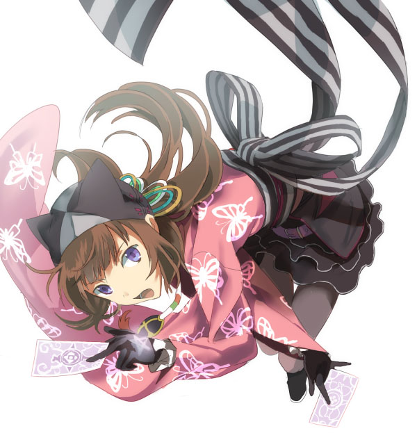 tanu, neon, tsukiyumi neon, sigma harmonics, square enix, bad id, bad pixiv id, 1girl, brown hair, card, female focus, gloves, hat, holding, holding card, long hair, solo