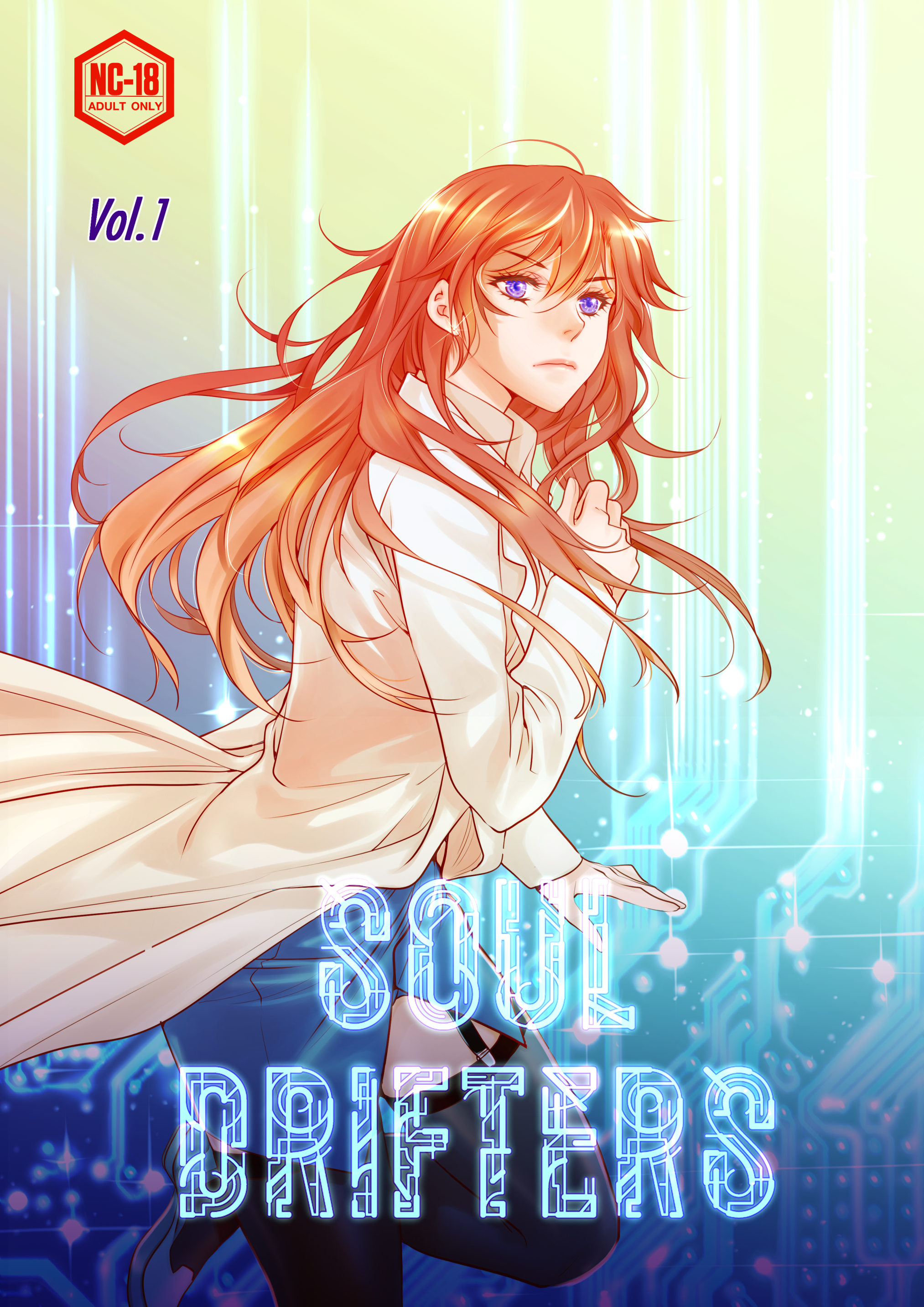ratana satis, absurdres, character request, commentary request, highres, official art, 1girl, black thighhighs, blue skirt, closed mouth, copyright name, cover, cover page, hands up, long hair, long sleeves, outstretched hand, purple eyes, red hair, skirt, solo, soul drifters, thai commentary, thighhighs