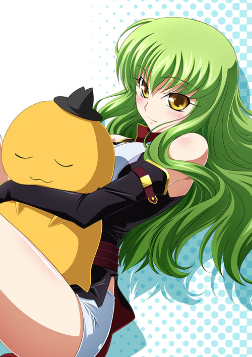 izumi mahiru, c.c., cheese-kun, code geass, pizza hut, 00s, 1girl, detached sleeves, female focus, green hair, long hair, solo, yellow eyes