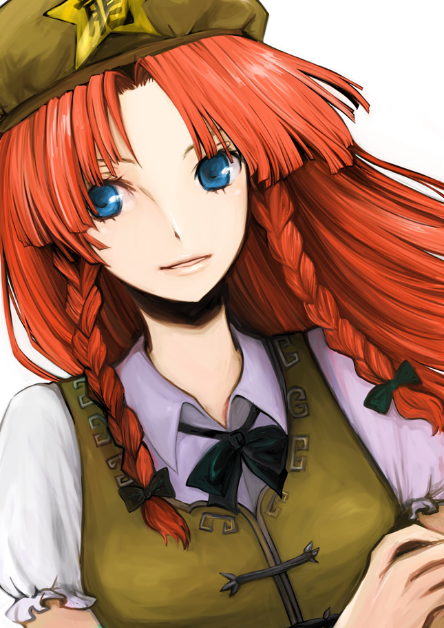 yusorate, hong meiling, embodiment of scarlet devil, touhou, bad id, bad pixiv id, 1girl, blue eyes, braid, female focus, hat, long hair, red hair, simple background, solo, twin braids