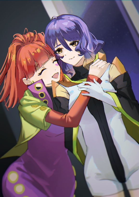 gina (gnosia), sq (gnosia), gnosia, 2girls, blunt bangs, earrings, hair between eyes, heart, heart earrings, heart tattoo, high ponytail, jewelry, long hair, long sleeves, looking at viewer, multiple girls, nail polish, ponytail, red hair, simple background, tattoo, turtleneck, upper body, user msta8283