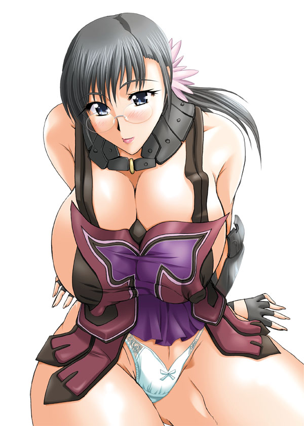 kanchohatto, wakatsuki (kanchou hatto), cattleya (queen's blade), weapon merchant cattleya, queen's blade, 00s, 1girl, black hair, blue eyes, blush, breasts, female focus, glasses, huge breasts, mature female, panties, revealing clothes, simple background, solo, underwear, white background