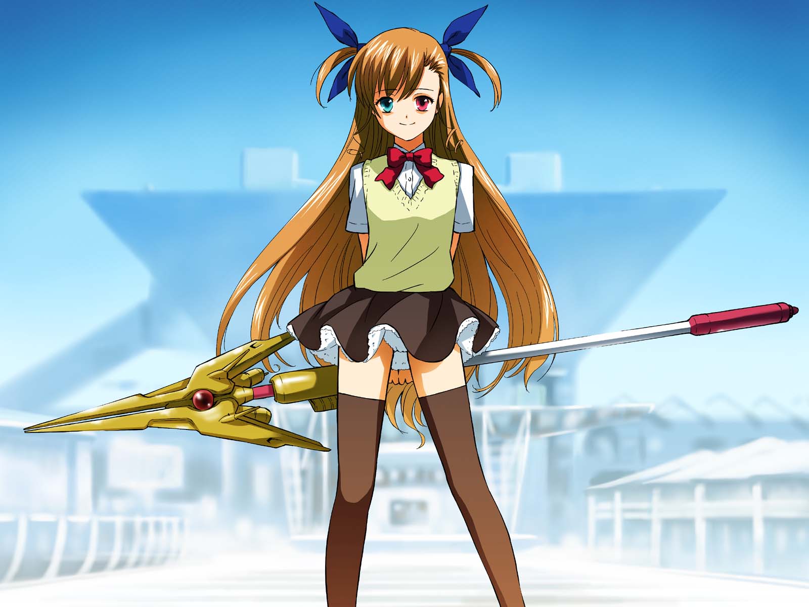 toshi hiroshi, raising heart, raising heart (exceed mode), vivio, comiket, lyrical nanoha, mahou shoujo lyrical nanoha, mahou shoujo lyrical nanoha strikers, tokyo big sight, highres, 00s, borrowed weapon, brown hair, heterochromia, long hair, panties, pantyshot, solo, thighhighs, underwear, very long hair, wind, wind lift, zettai ryouiki