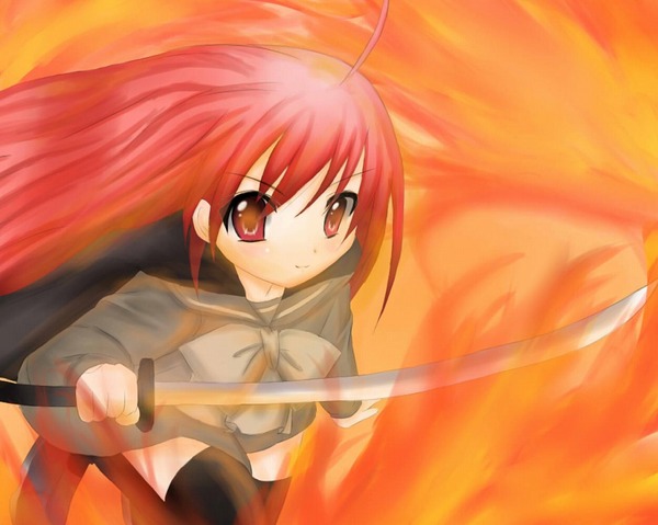 fujieda hiro, shana, shakugan no shana, non-web source, 00s, cape, fire, long hair, red eyes, red hair, school uniform, serafuku, sword, thighhighs, weapon