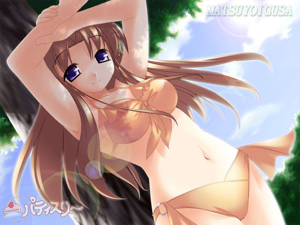 hinohoshi ataru, kanbayashi mitsuki, matsuyoigusa, non-web source, 1girl, arms up, bikini, blue eyes, breasts, brown hair, day, dutch angle, female focus, large breasts, long hair, purple eyes, shade, solo, swimsuit, tree