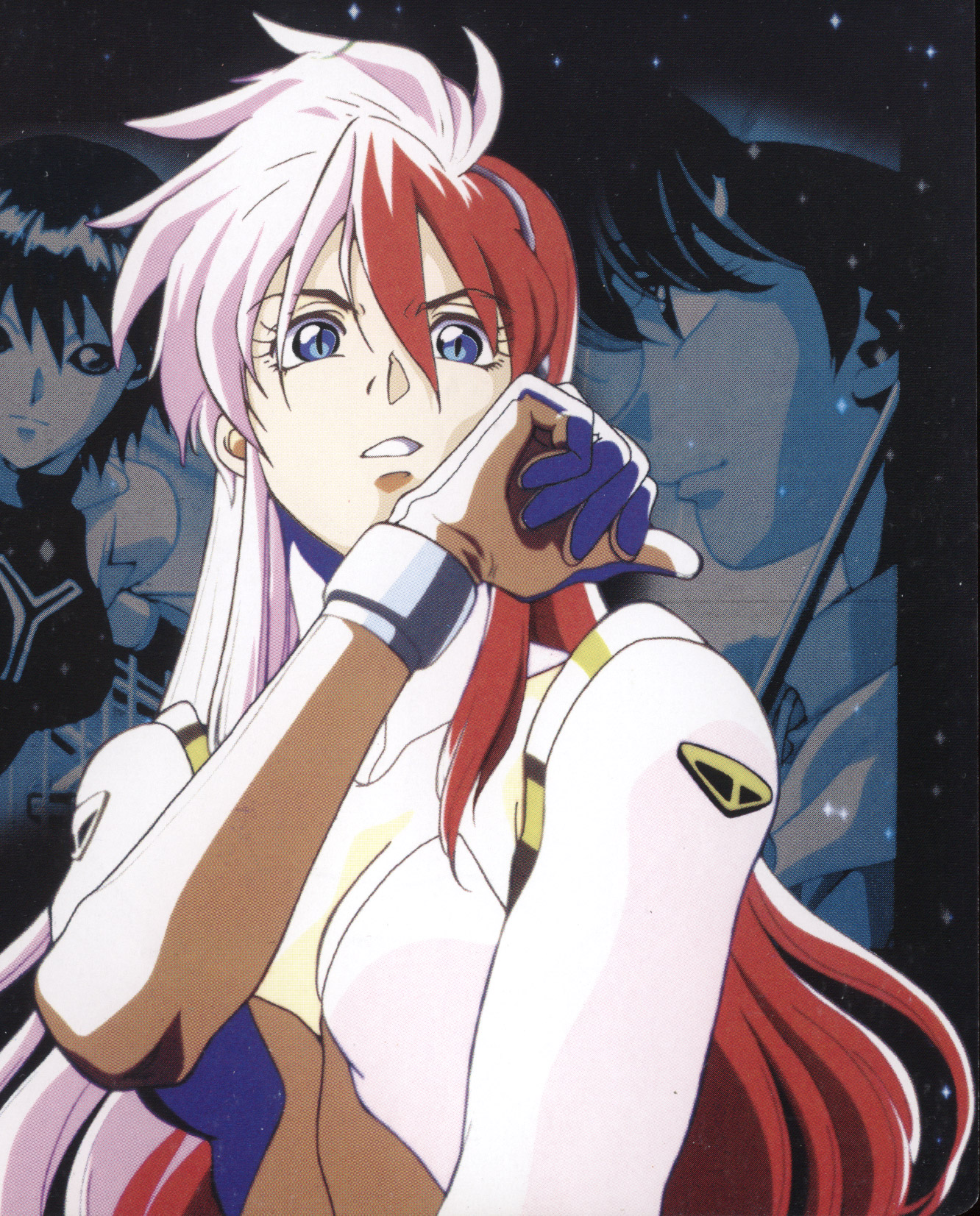 birdy cephon altera, tetsuwan birdy, highres, non-web source, scan, scan artifacts, 1girl, :o, blue eyes, breasts, cleavage, clenched hands, collarbone, emblem, female focus, fighting stance, large breasts, long hair, long sleeves, looking afar, multicolored hair, parted lips, red hair, retro artstyle, solo, solo focus, split-color hair, upper body, very long hair