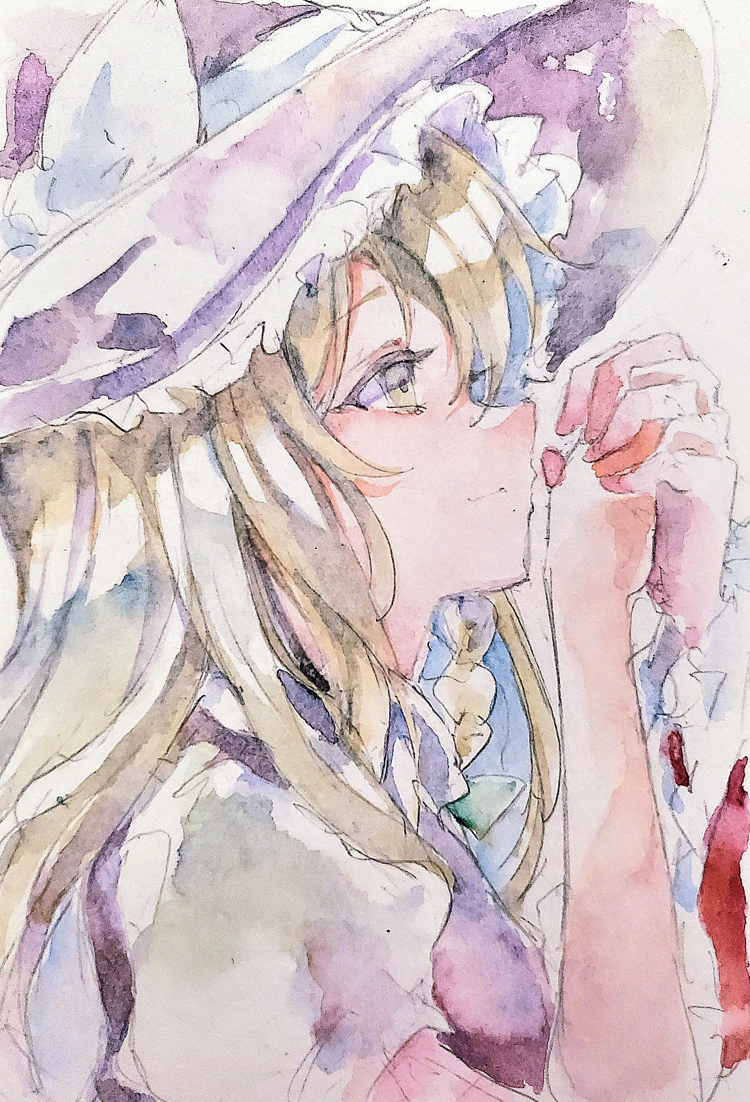 kamu kotan, hakurei reimu, kirisame marisa, touhou, absurdres, commentary, highres, traditional media, 2girls, blonde hair, bow, braid, closed mouth, green bow, hair bow, hat, hat bow, holding hands, interlocked fingers, long hair, multiple girls, side braid, single braid, smile, solo focus, white bow, witch hat, yellow eyes, yuri