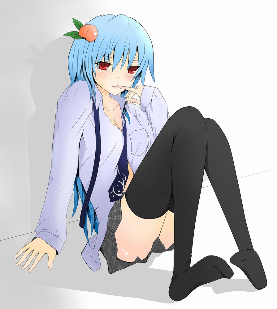 meso-meso, meso (pixiv), hinanawi tenshi, touhou, 1girl, blue hair, female focus, food, fruit, long hair, peach, shirt, skirt, socks, solo, thighhighs
