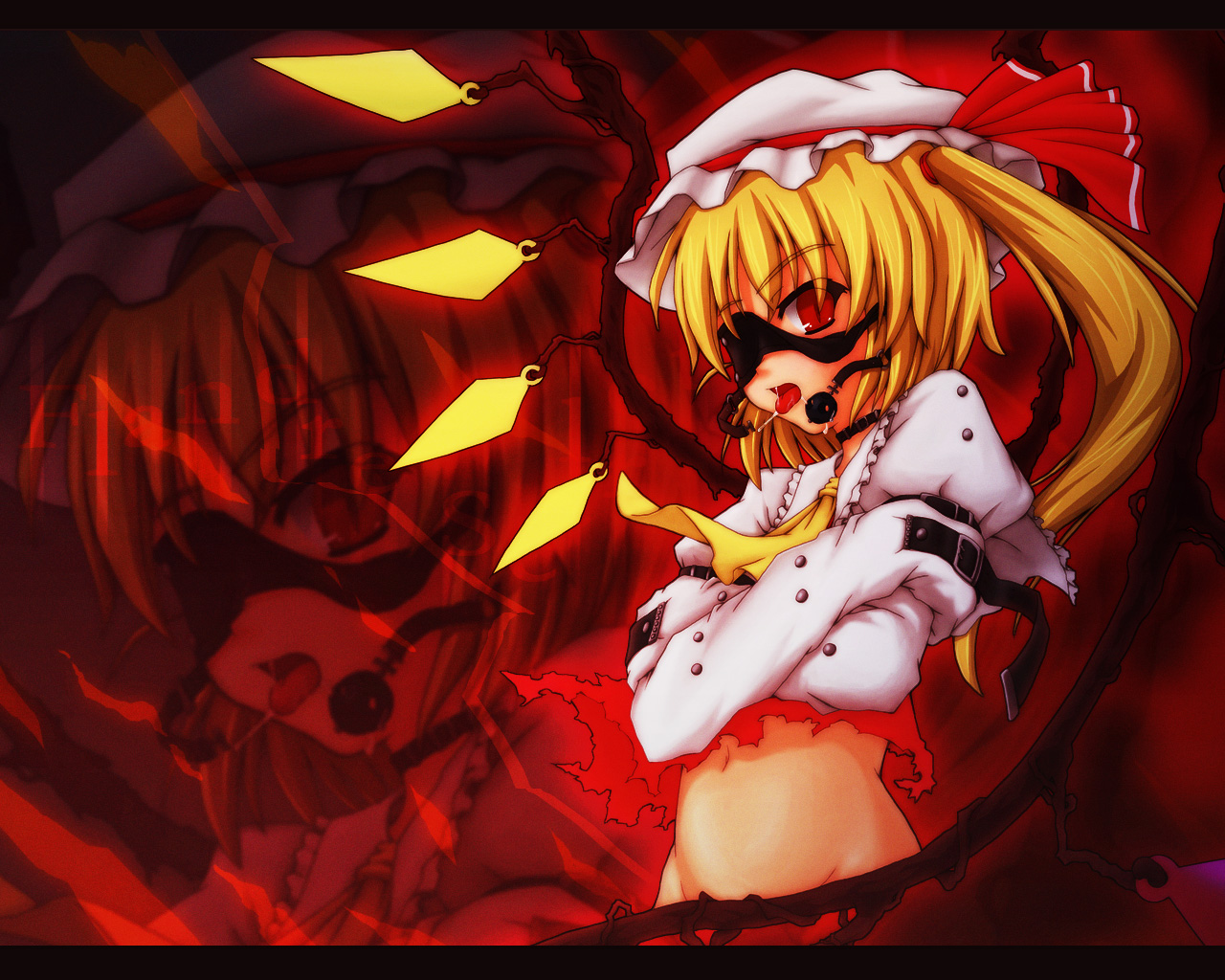 etogami kazuya, flandre scarlet, touhou, 1girl, ball gag, bdsm, blindfold, bondage, bound, censored, convenient censoring, female focus, gag, hat, mob cap, solo, straitjacket, torn clothes, ungagged, white hat, zoom layer