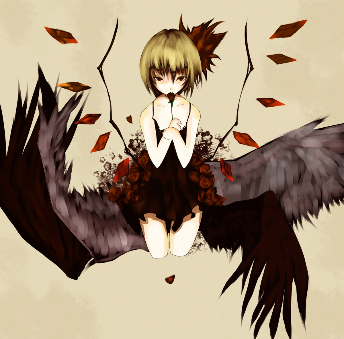 makai no juumin, flandre scarlet, touhou, bad id, bad pixiv id, 1girl, blonde hair, female focus, flower, red eyes, rose, short hair, simple background, solo, wings