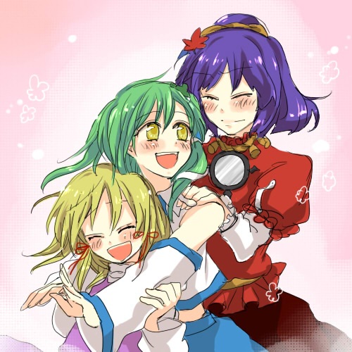 popoin, kochiya sanae, moriya suwako, yasaka kanako, touhou, bad id, bad pixiv id, lowres, 3girls, blonde hair, female focus, green hair, hair ornament, japanese clothes, leaf, leaf hair ornament, long hair, miko, multiple girls, purple hair, ribbon, rope, short hair