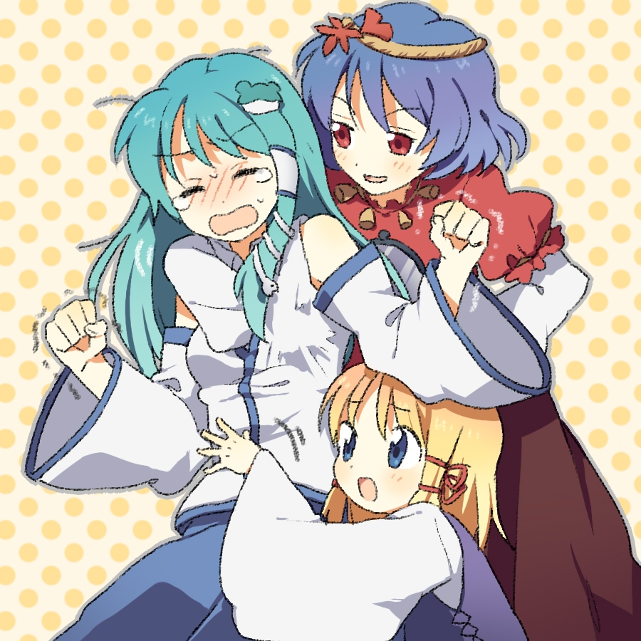 mozu (modagoro), kochiya sanae, moriya suwako, yasaka kanako, touhou, bad id, bad pixiv id, 3girls, blonde hair, female focus, green hair, groping, hair ornament, incest, japanese clothes, leaf, leaf hair ornament, long hair, miko, multiple girls, purple hair, ribbon, rope, short hair, yuri