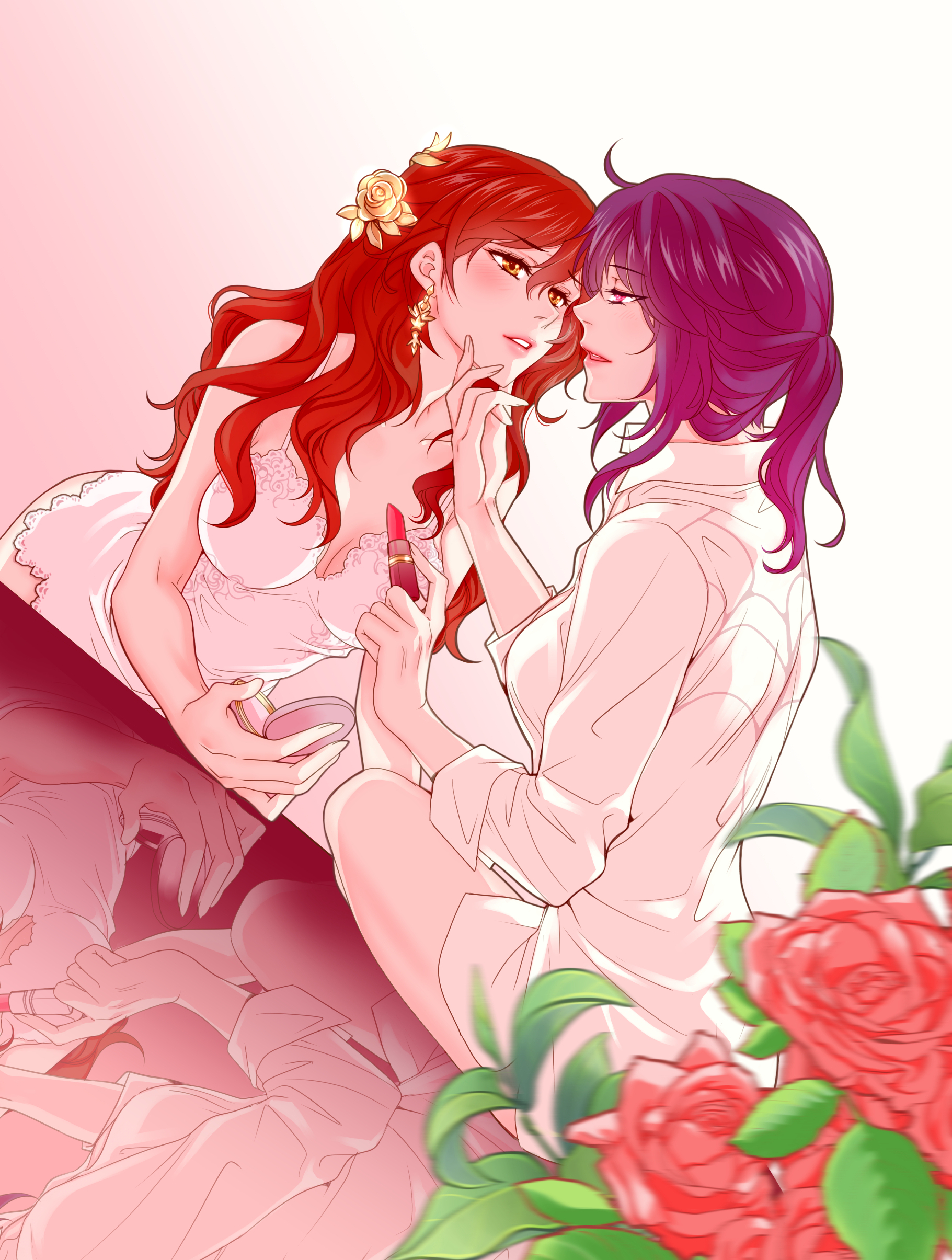 ratana satis, himeko (honkai: star rail), kafka (honkai: star rail), honkai: star rail, honkai (series), absurdres, hashtag-only commentary, highres, 2girls, breasts, collared shirt, cosmetics, earrings, flower, hair flower, hair ornament, holding, holding lipstick tube, jewelry, lipstick tube, long hair, looking at another, multiple girls, orange eyes, parted lips, ponytail, purple eyes, purple hair, red hair, reflection, rose, shirt, sleeveless, three-quarter sleeves, white shirt, yuri