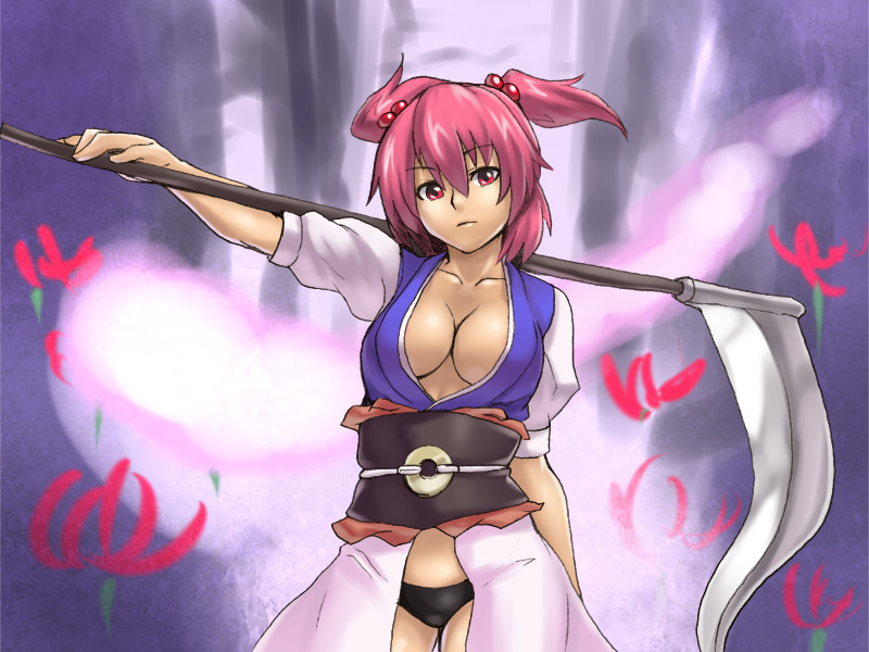 houtengeki, onozuka komachi, touhou, 1girl, breasts, cleavage, female focus, ghost, hou takashi ji, large breasts, open clothes, open shirt, panties, pink hair, red hair, scythe, shirt, short hair, solo, underwear