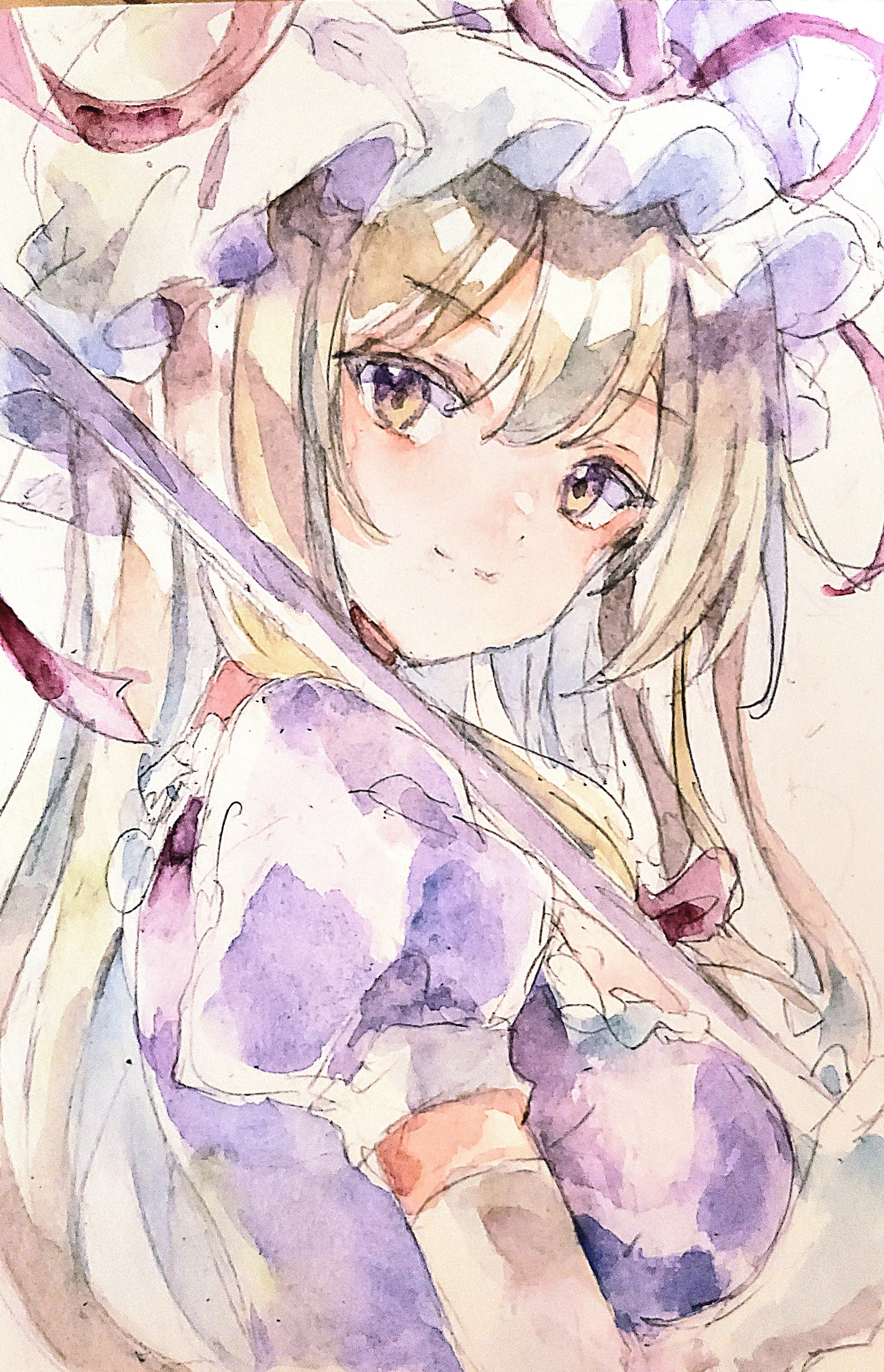 kamu kotan, yakumo yukari, touhou, absurdres, commentary, highres, traditional media, 1girl, blonde hair, closed mouth, dress, gloves, hat, hat ribbon, holding, holding umbrella, long hair, looking at viewer, mob cap, puffy short sleeves, puffy sleeves, purple dress, red ribbon, ribbon, short sleeves, smile, solo, umbrella, white gloves, white hat, yellow eyes