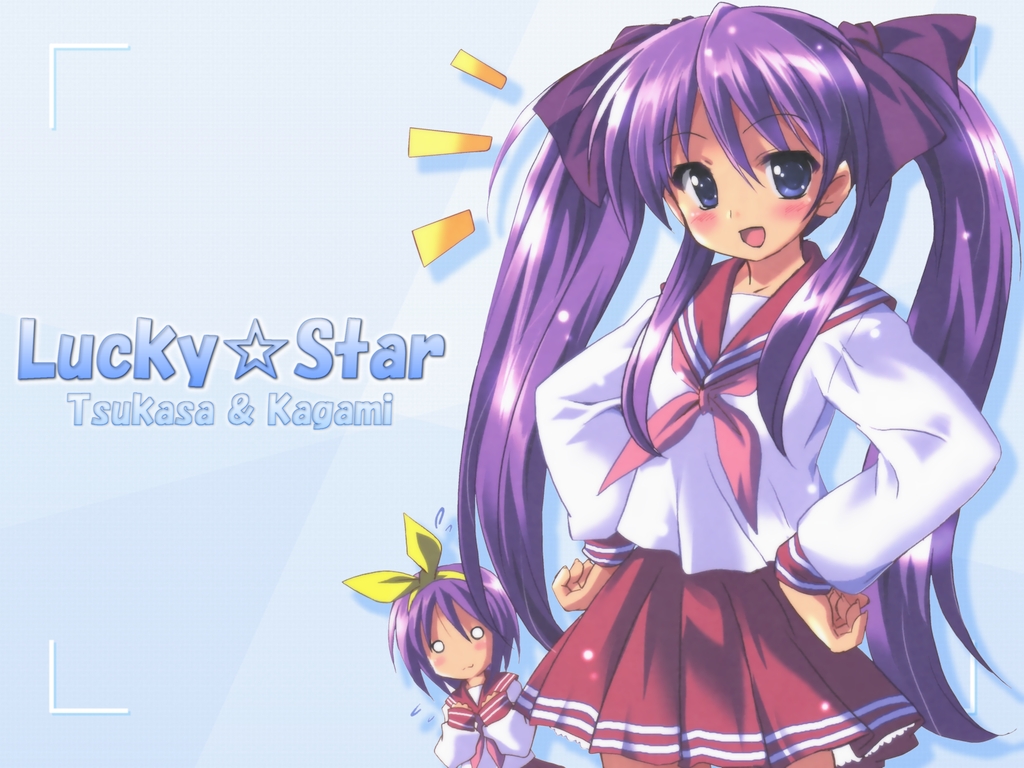 komatsu eiji, hiiragi kagami, hiiragi tsukasa, lucky star, non-web source, 00s, blue eyes, character name, copyright name, hands on own hips, hip focus, long hair, purple hair, school uniform, serafuku, short hair, siblings, sisters, twintails