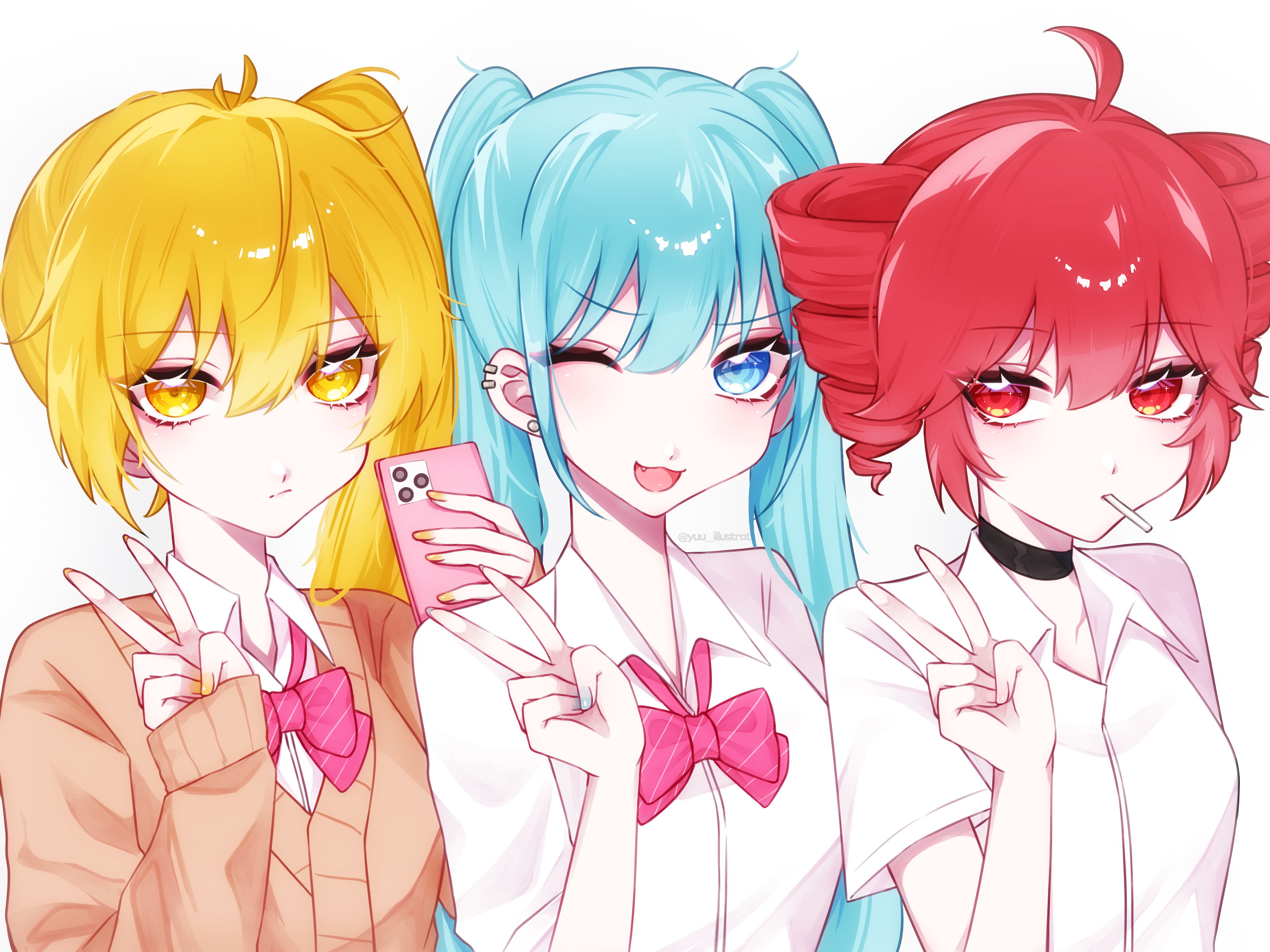 akita neru, hatsune miku, kasane teto, utau, vocaloid, absurdres, commentary request, highres, 3girls, :3, blonde hair, blue eyes, blue hair, bow, bowtie, cardigan, cellphone, choker, collared shirt, drill hair, ear piercing, earrings, fang, holding, holding phone, jewelry, lollipop in mouth, long hair, long sleeves, looking at viewer, multiple girls, nail polish, one eye closed, open mouth, phone, piercing, red eyes, red hair, school uniform, shirt, short sleeves, side ponytail, sleeves past wrists, smartphone, smile, striped bow, striped bowtie, striped clothes, triple ryuunen, twin drills, twintails, upper body, v, yellow eyes, yu (user cpet8748)