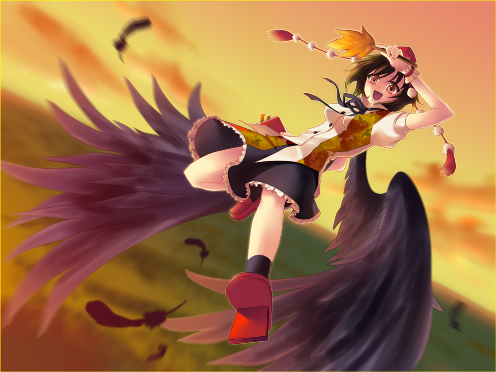soukuu kizuna, shameimaru aya, touhou, 1girl, black hair, black wings, female focus, flying, geta, hat, looking at viewer, open mouth, ribbon, short hair, skirt, smile, solo, tengu-geta, wings