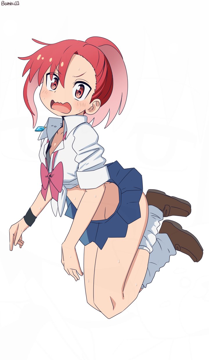 bambi2000line, seto shouko, ruri no houseki, commentary, highres, 1girl, alternate costume, bare arms, bare legs, blue skirt, bow, bowtie, brown shoes, colored inner hair, flat chest, full body, groin, jewelry, loafers, looking at viewer, loose bowtie, medium hair, microskirt, midriff, multicolored hair, necklace, open mouth, pink hair, pleated skirt, ponytail, red bow, red bowtie, red eyes, red hair, shirt, shoes, simple background, skirt, sleeves rolled up, solo, tied shirt, two-tone hair, wavy mouth, white background, white shirt, wing collar, wristband