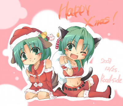 hatamichi mihiro, sonozaki mion, sonozaki shion, higurashi no naku koro ni, lowres, 00s, 2girls, animal ears, bell, blush, boots, christmas, gift, gloves, green eyes, green hair, hat, long hair, multiple girls, one eye closed, ribbon, santa costume, santa hat, siblings, sisters, tail, thighhighs, twins, wink