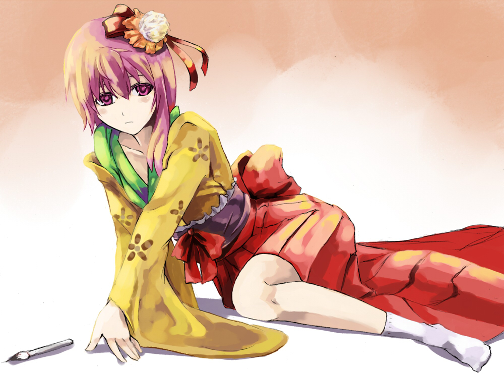 shibasaki shouji, hieda no akyuu, perfect memento in strict sense, touhou, bad id, bad pixiv id, 1girl, arm support, calligraphy brush, female focus, flower, hair ornament, japanese clothes, kimono, paintbrush, pink hair, ribbon, short hair, socks, solo