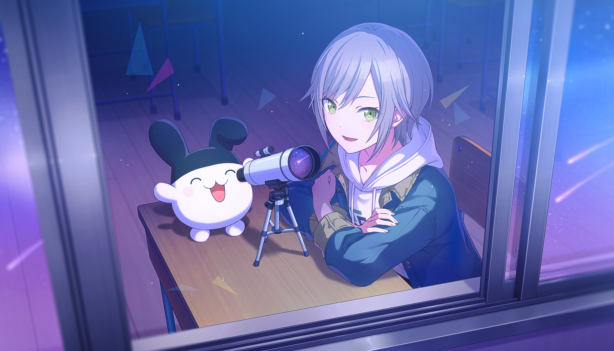 colorful palette, hinomori shiho, mimitchi, project sekai, tamagotchi, game cg, highres, official art, third-party source, 1girl, blue jacket, chair, classroom, crossed arms, desk, fingernails, green eyes, grey hair, hood, hoodie, jacket, open clothes, open jacket, shooting star, sitting, smile, tamagotchi (creature), telescope, tongue, triangle, white hoodie