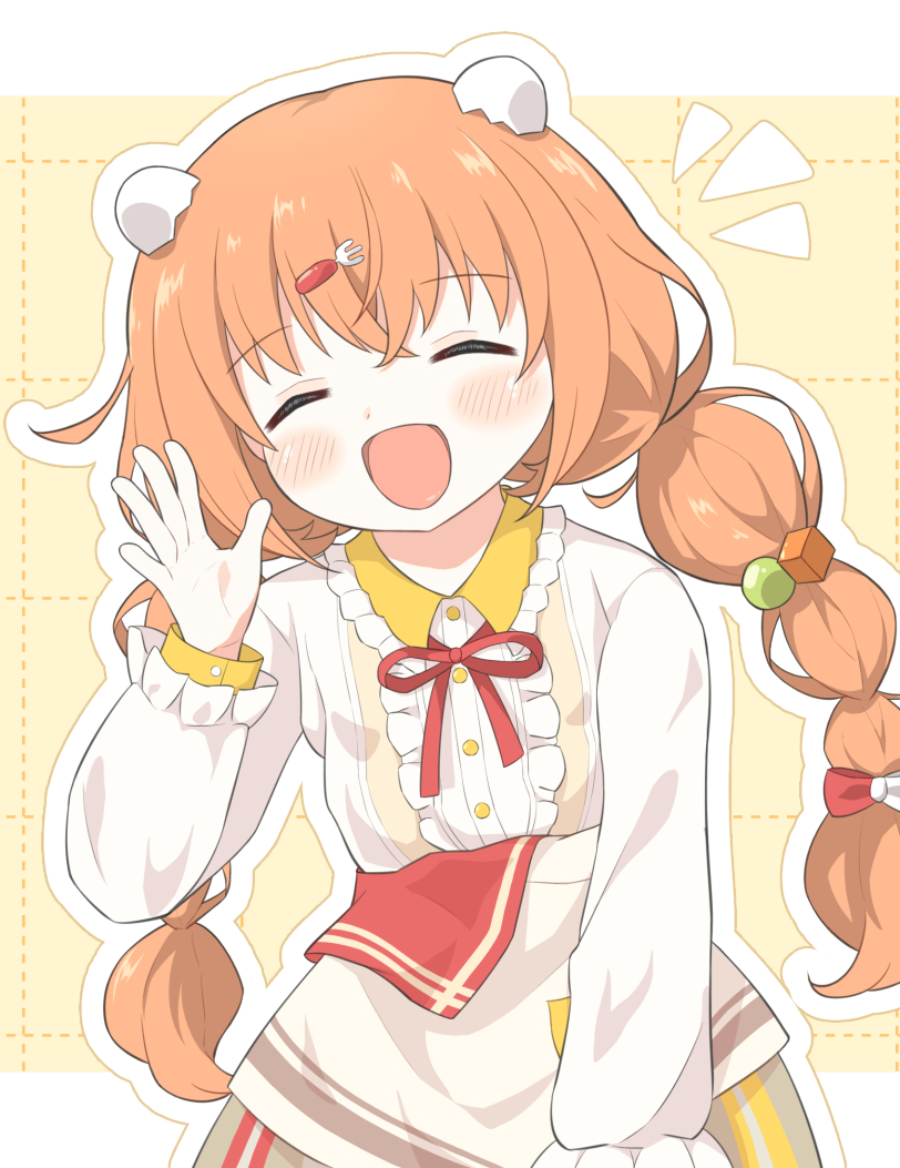 usugale9523, kirara tamako, nijisanji, commentary request, 1girl, apron, blush, bow, braid, center frills, closed eyes, cube hair ornament, egg hair ornament, food-themed hair ornament, fork hair ornament, frilled shirt collar, frilled sleeves, frills, hair bobbles, hair bow, hair ornament, hand up, long hair, long sleeves, neck ribbon, open mouth, orange hair, ribbon, shirt tucked in, skirt, smile, solo, twin braids, very long hair, virtual youtuber, waist apron